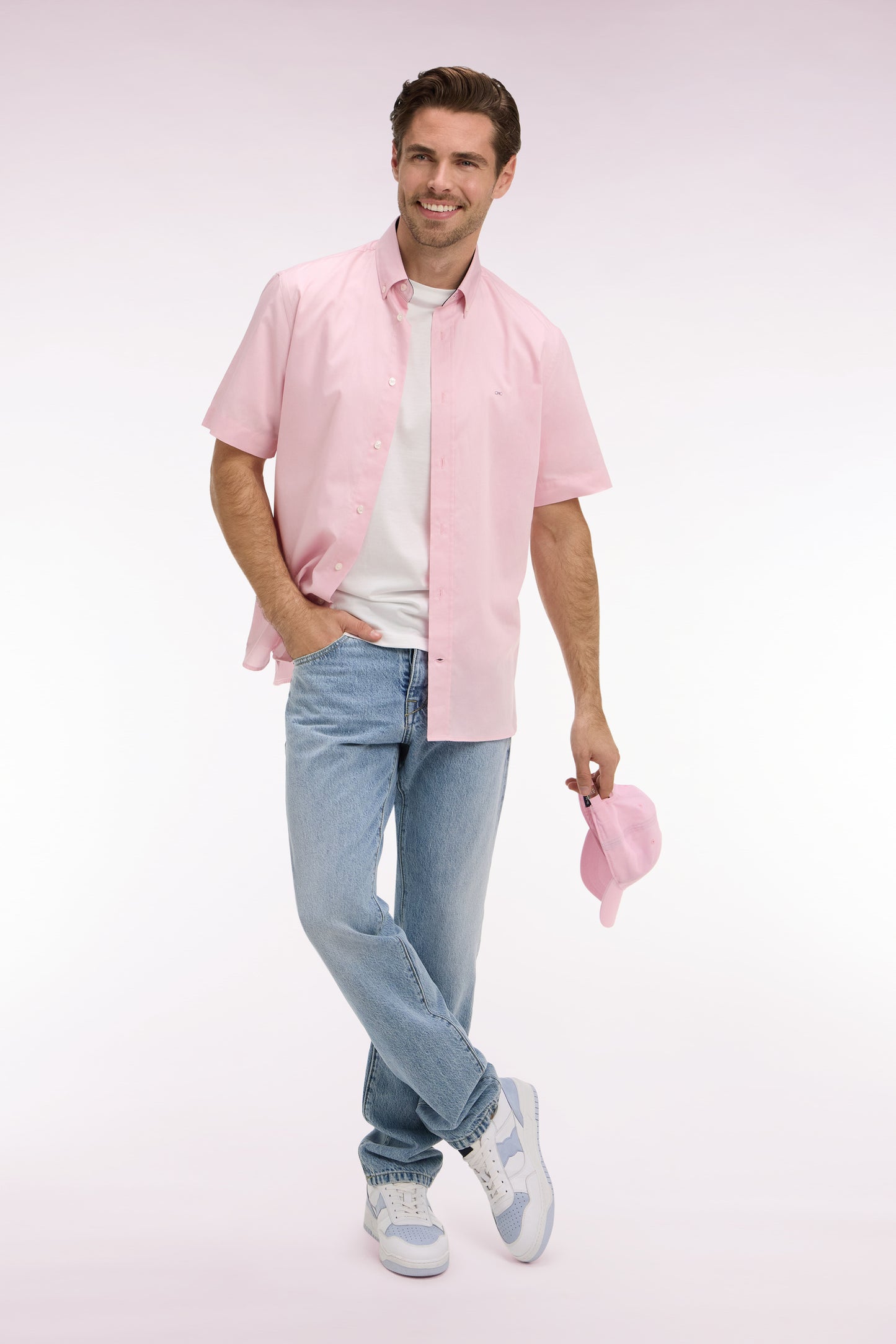 Chemise à manches courtes en coton rose broderie dos