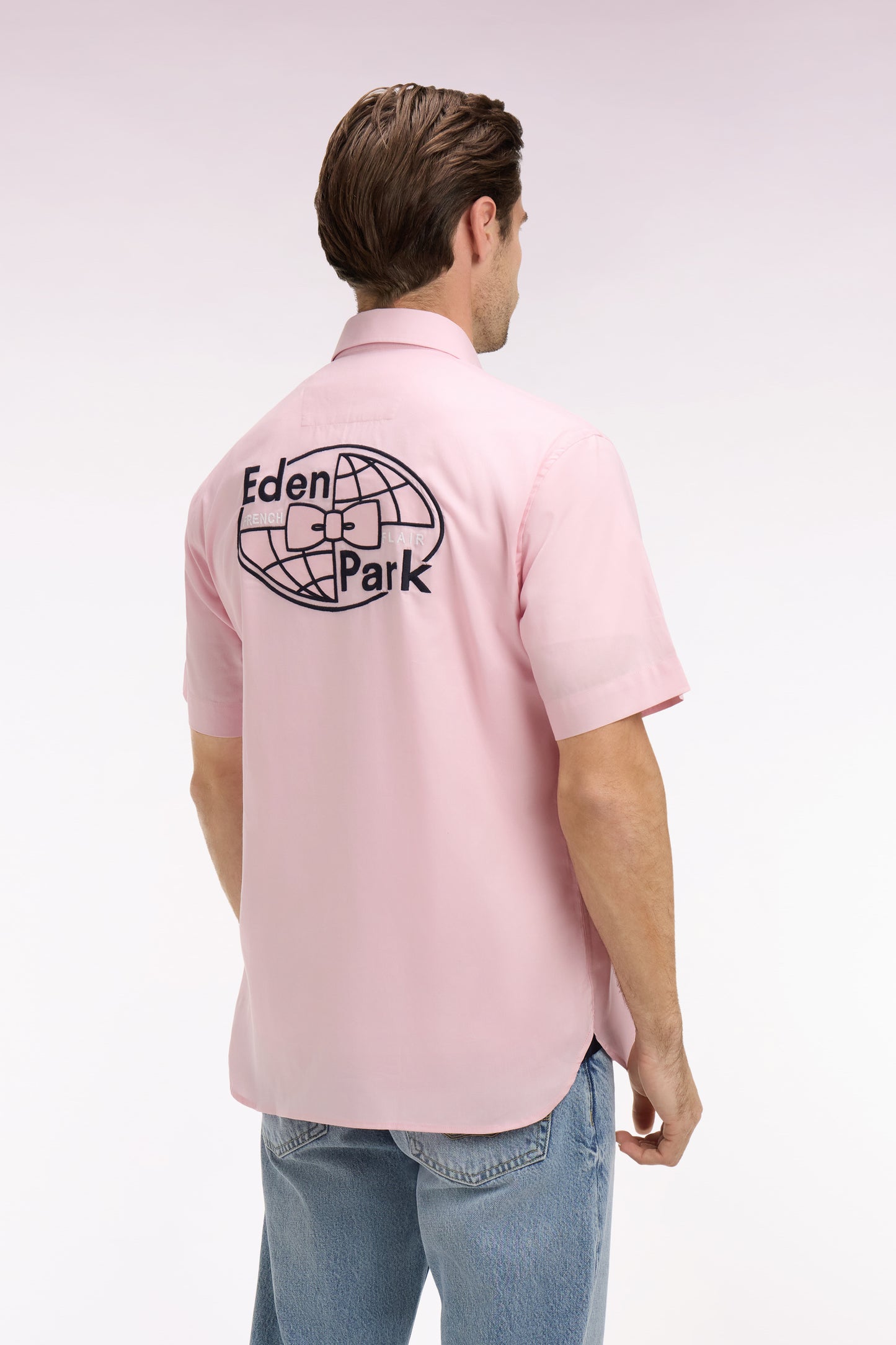 Chemise à manches courtes en coton rose broderie dos