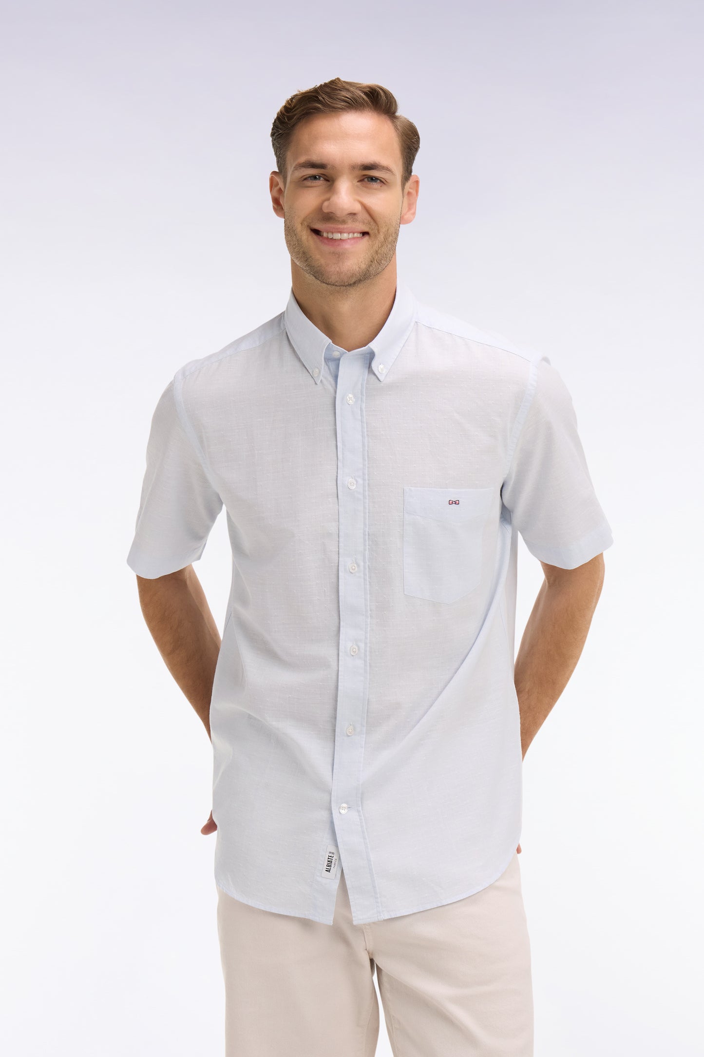 Chemise à manches courtes en coton jacquard rayé bleu ciel