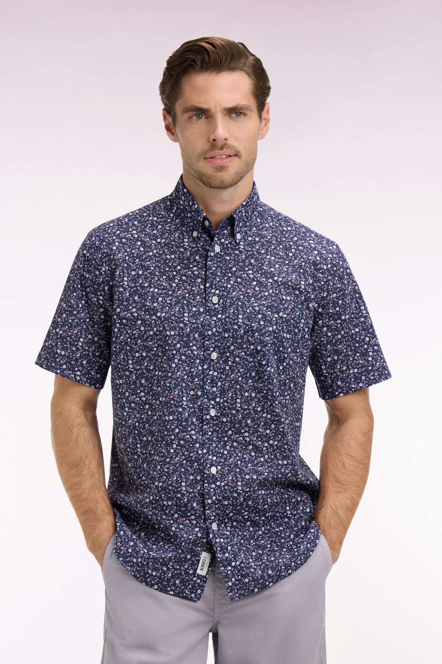 Chemise à manches courtes en popeline de coton à imprimé floral marine