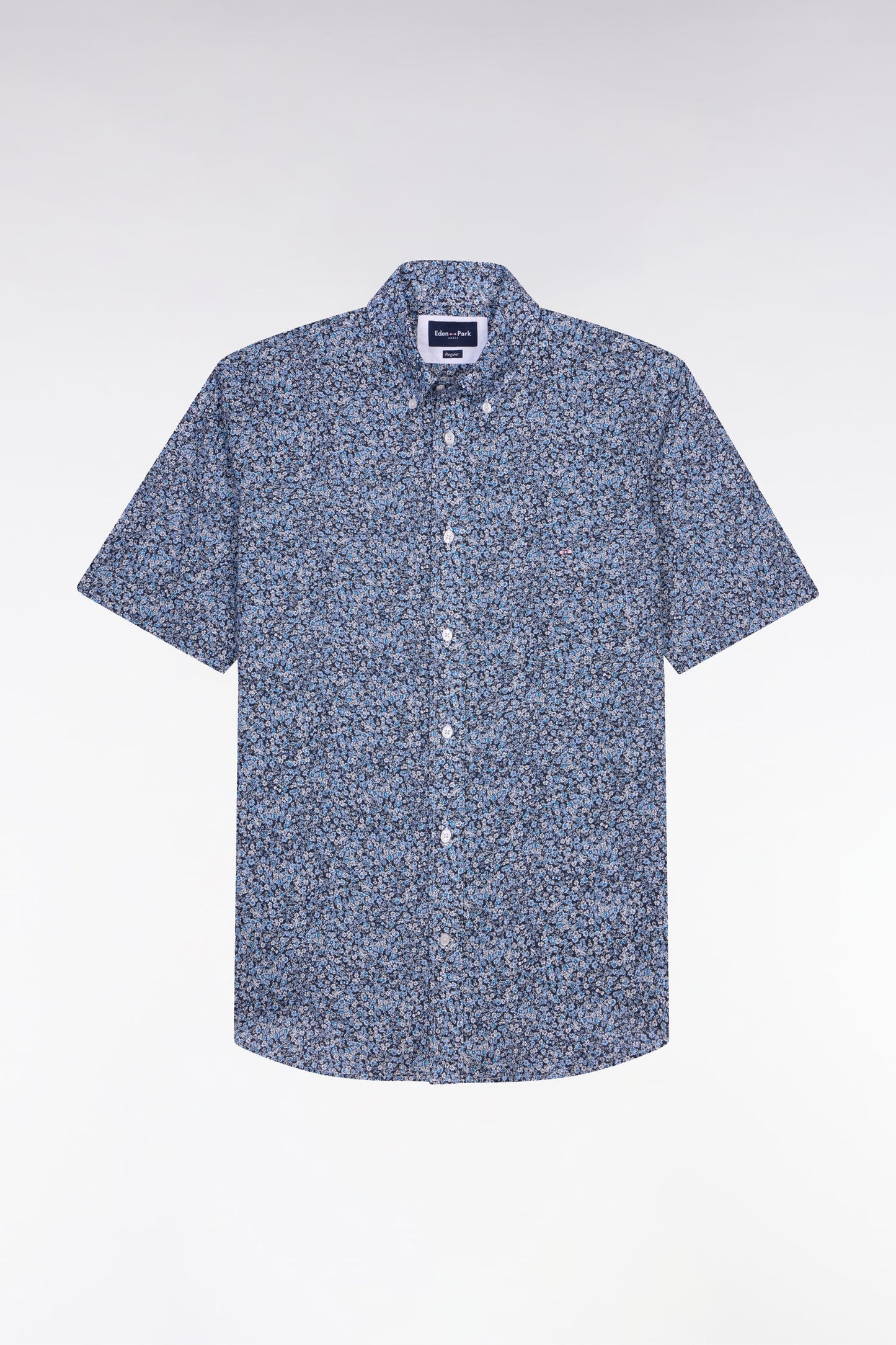 Chemise à manches courtes en coton bleu à micromotif floral