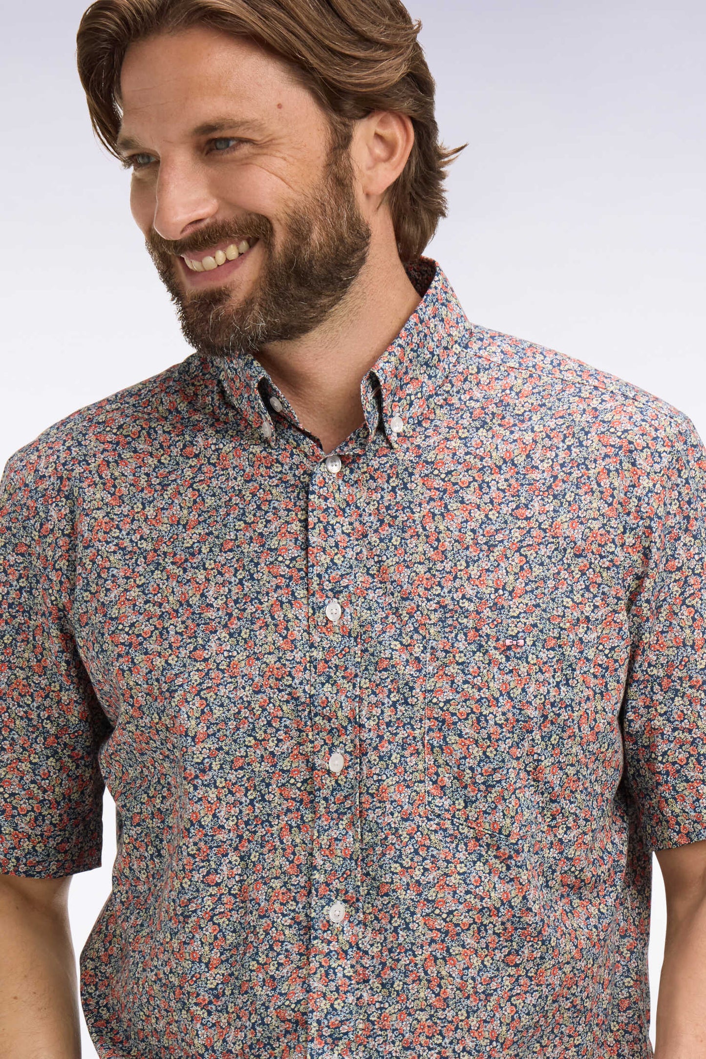 Chemise à manches courtes en coton orange à micromotif floral