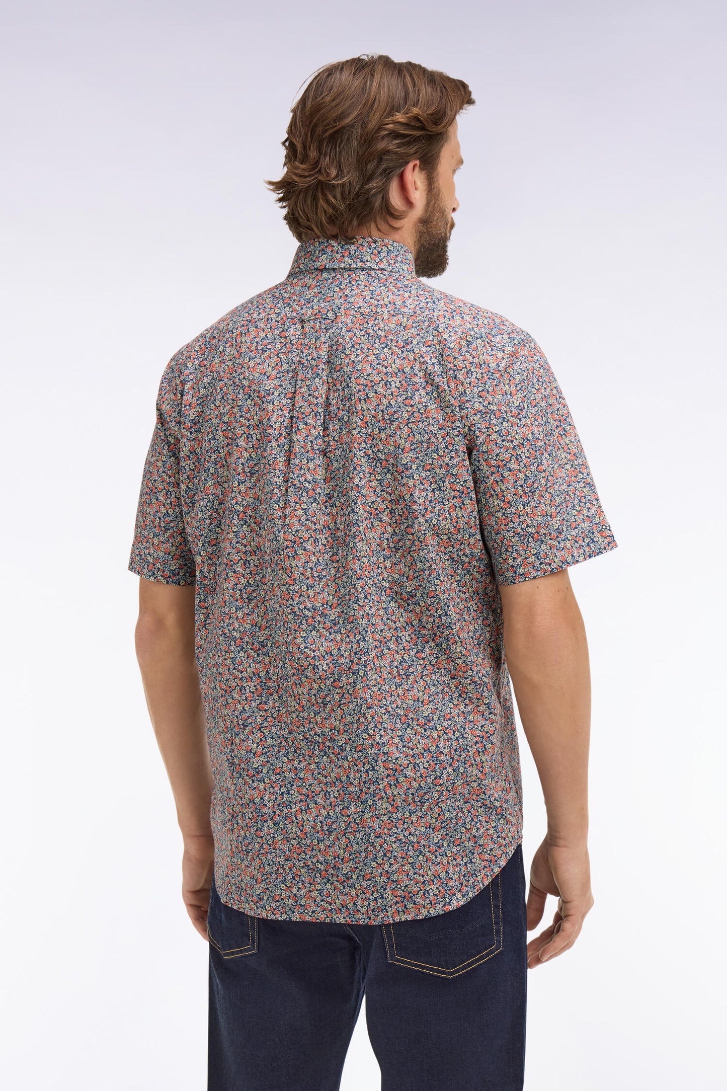 Chemise à manches courtes en coton orange à micromotif floral