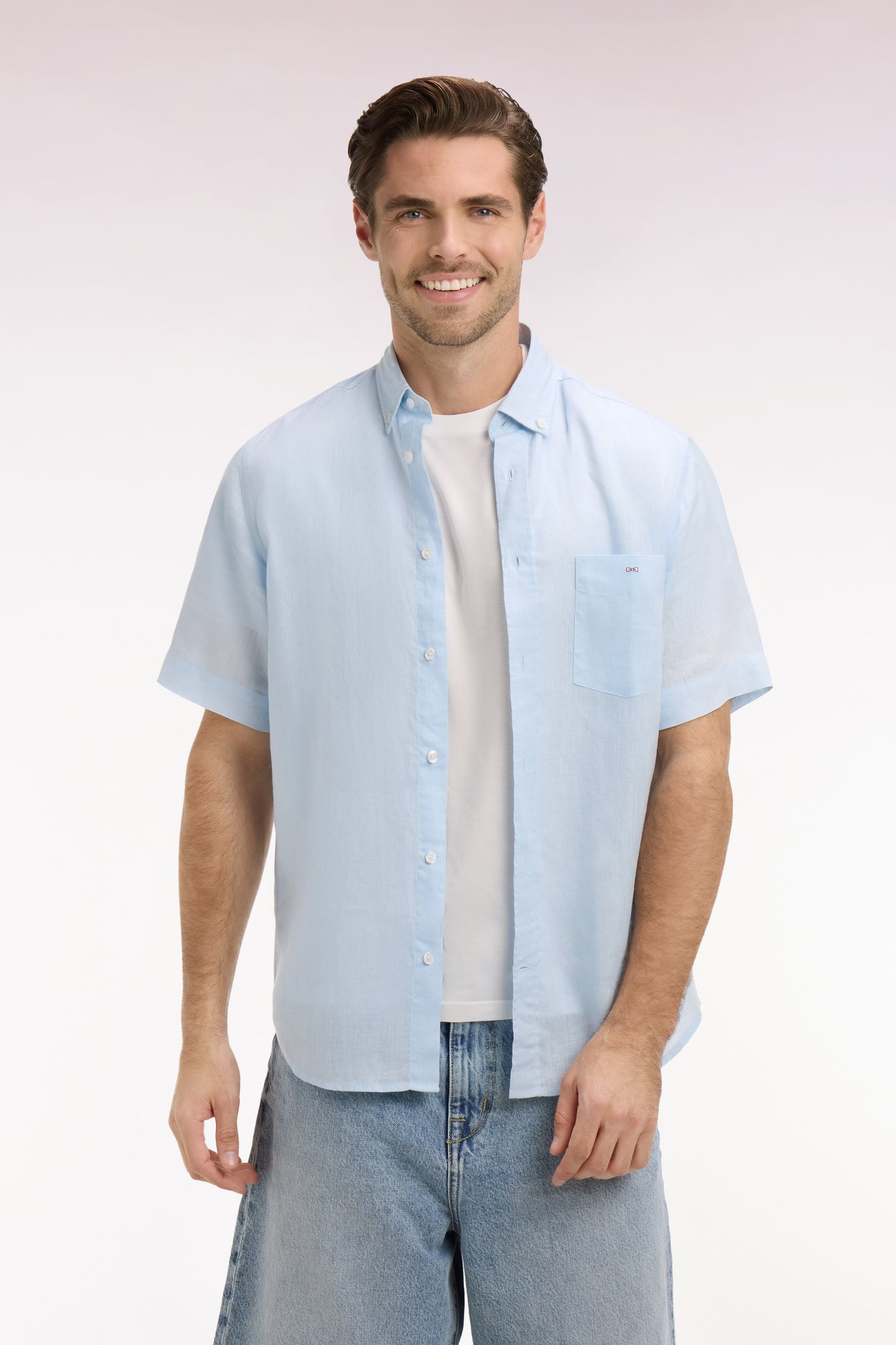 Chemise à manches courtes en lin ciel