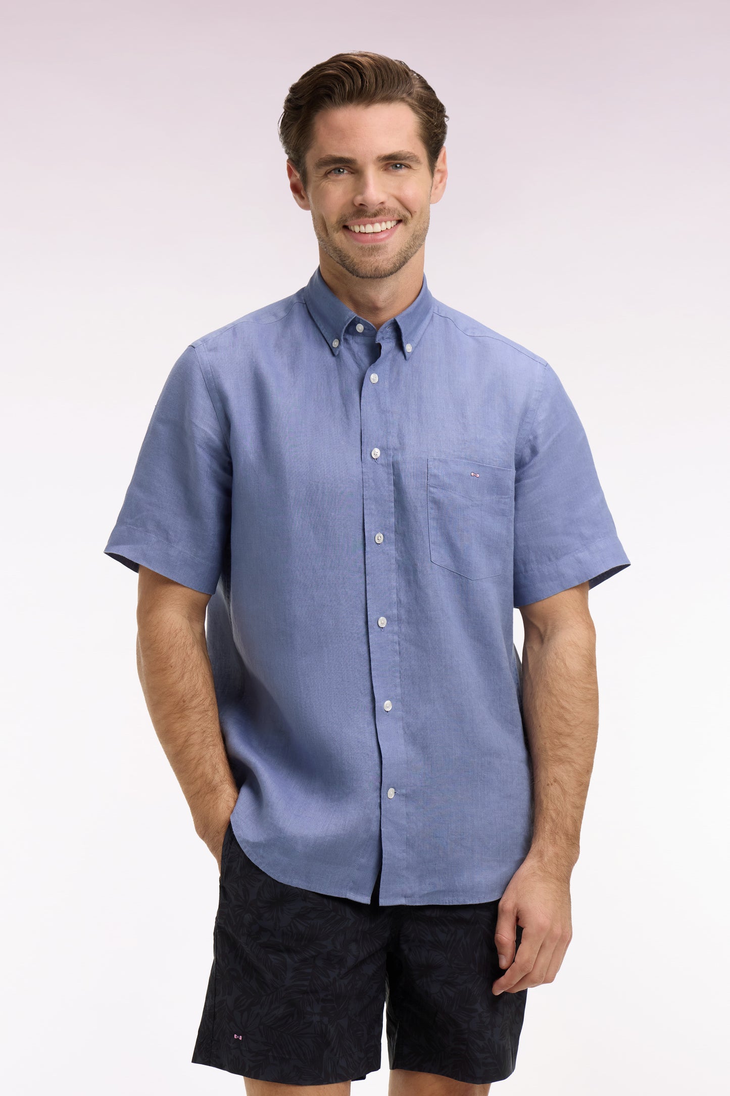 Chemise à manches courtes en lin bleu