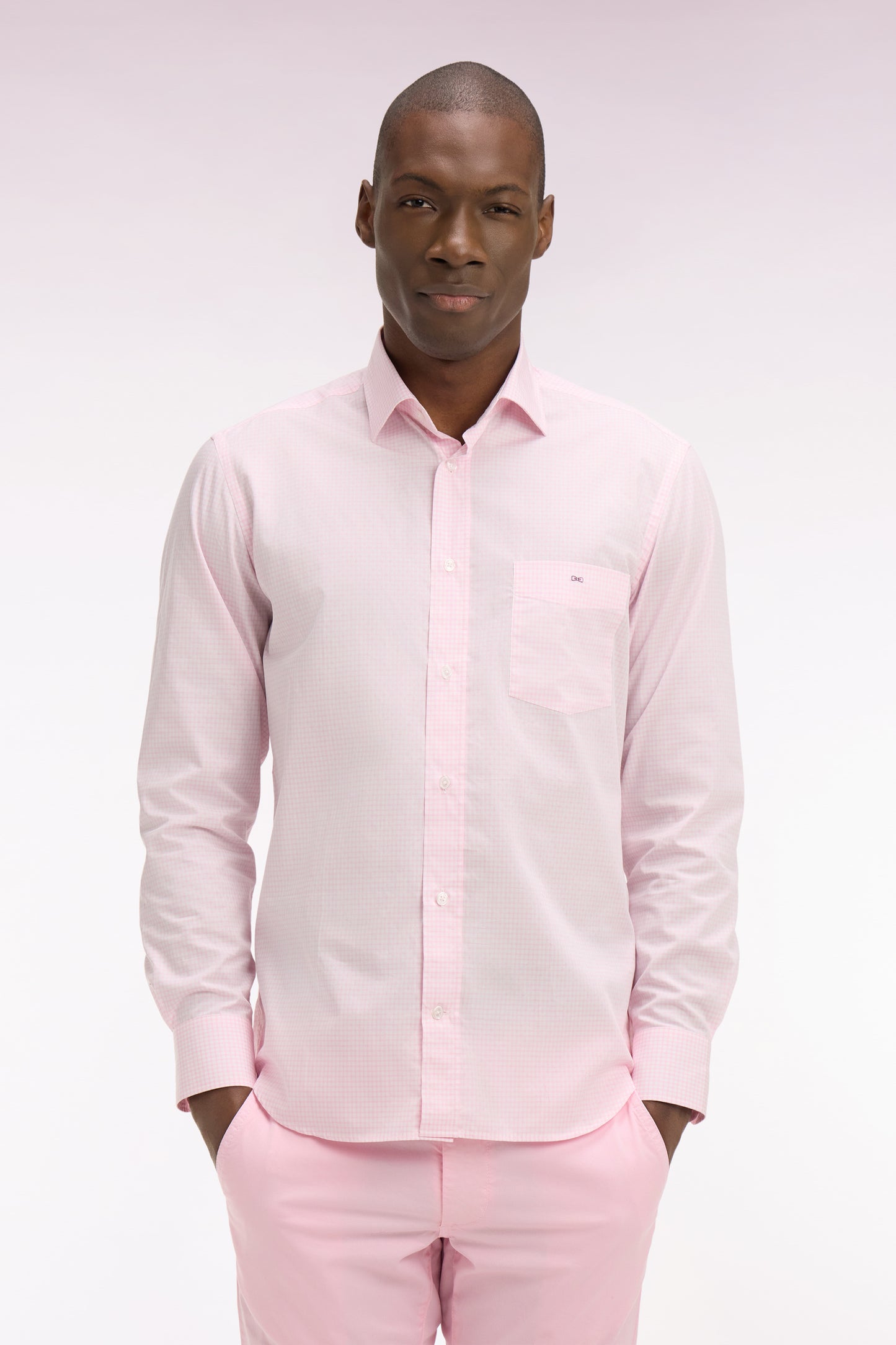 Chemise en coton dobby à carreaux rose coupe regular