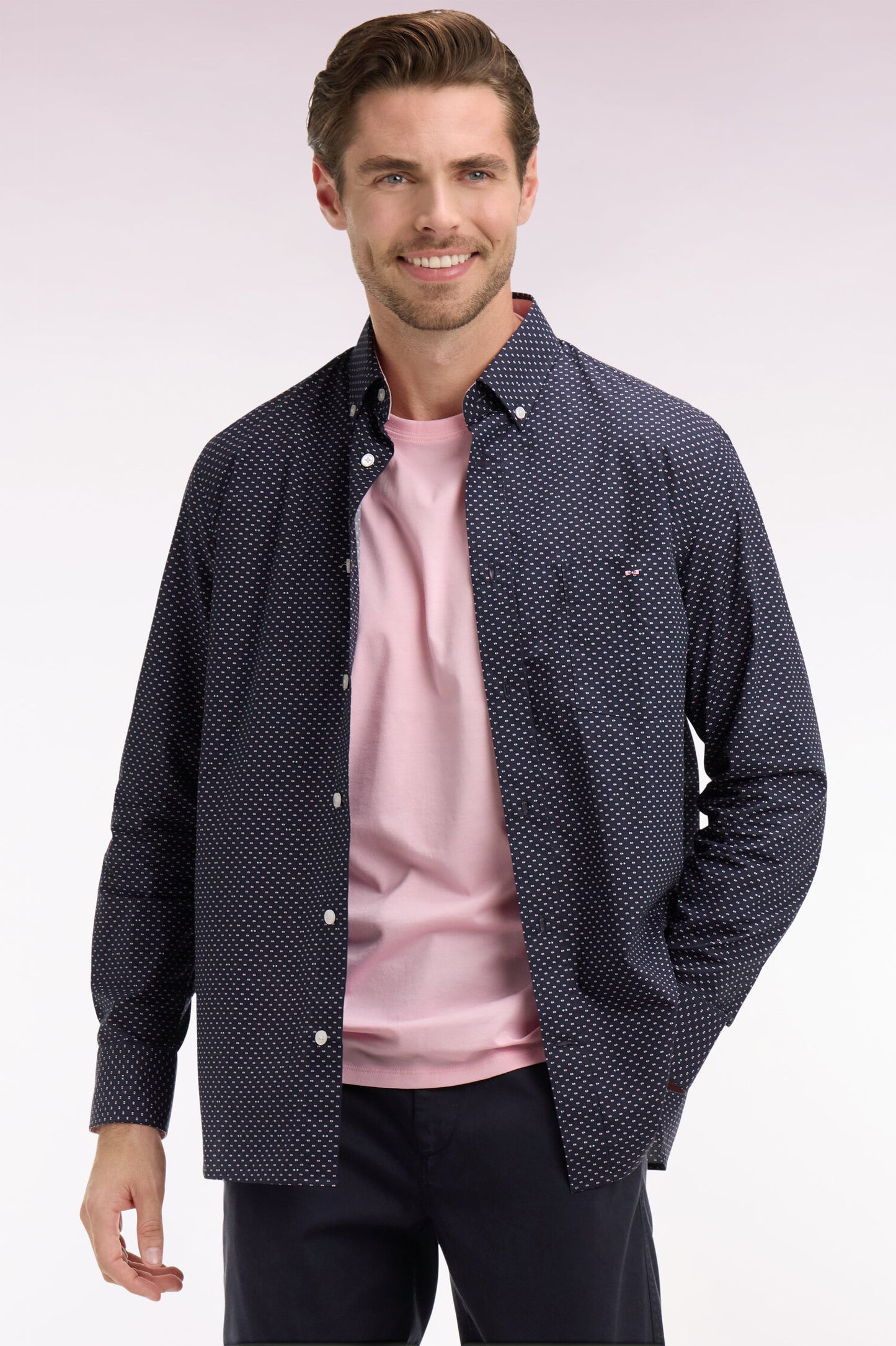 Chemise en popeline de coton rose à micromotifs coupe regular