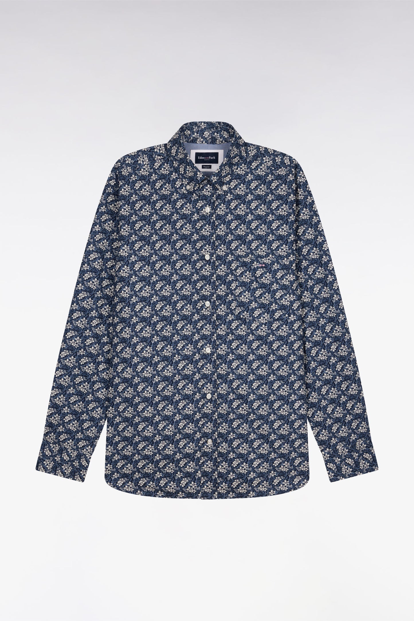 Chemise en popeline de coton bleu à motif floral coupe regular