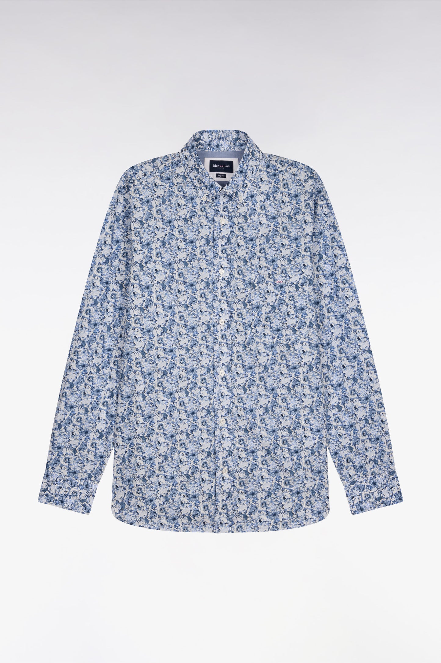 Blue cotton poplin shirt with floral pattern