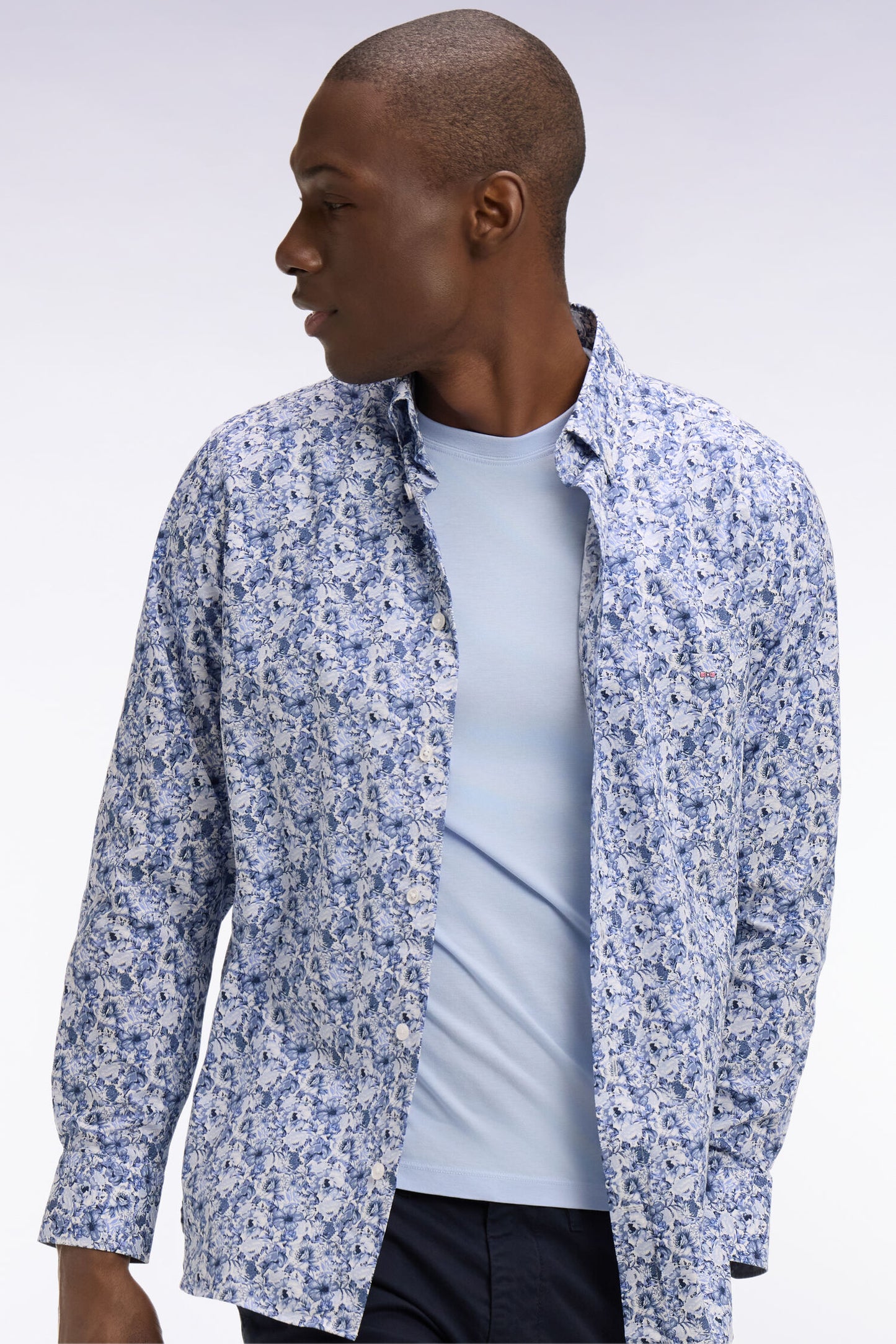 Blue cotton poplin shirt with floral pattern