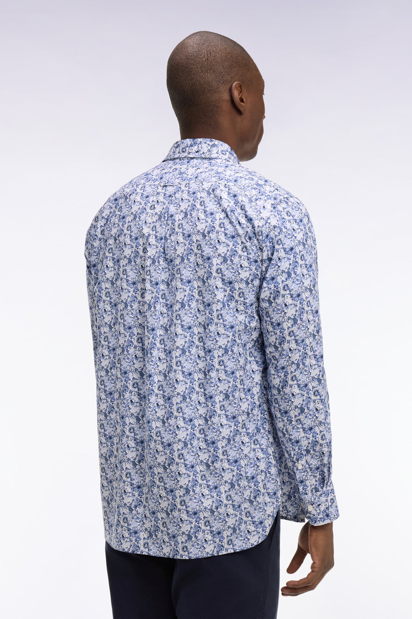Blue cotton poplin shirt with floral pattern