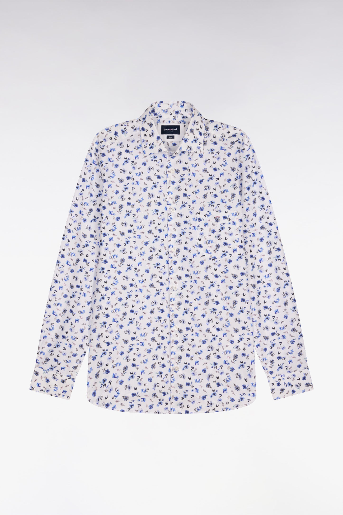 Chemise en popeline de coton imprimé floral bleu coupe slim