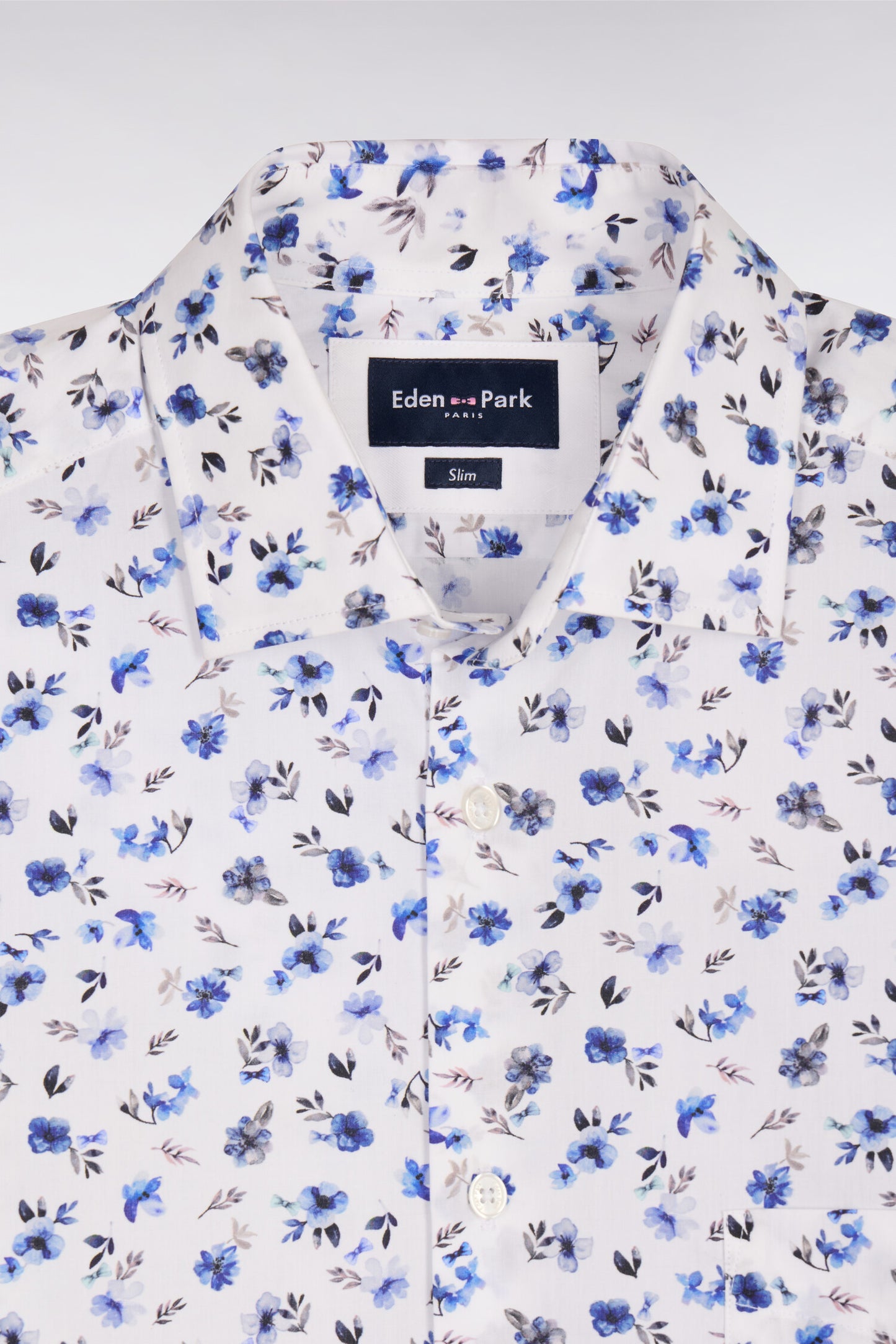 Chemise en popeline de coton imprimé floral bleu coupe slim