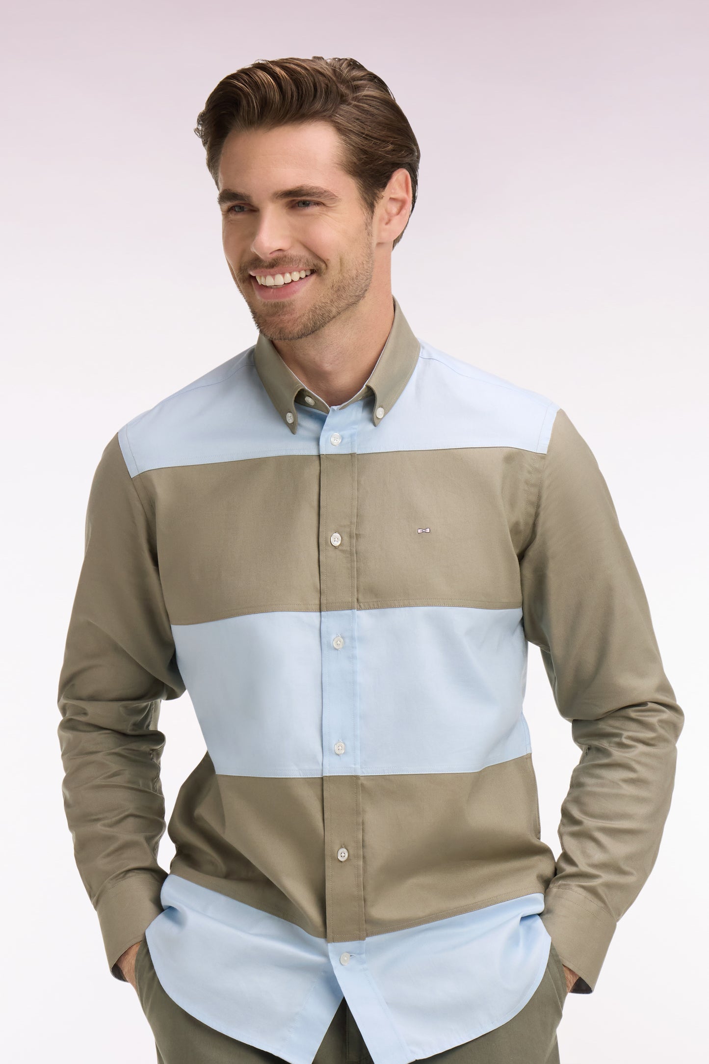 Chemise en coton à rayures rugby beige et ciel coupe regular