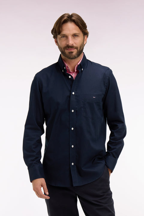 Chemise en coton pinpoint marine détails roses - Image 3