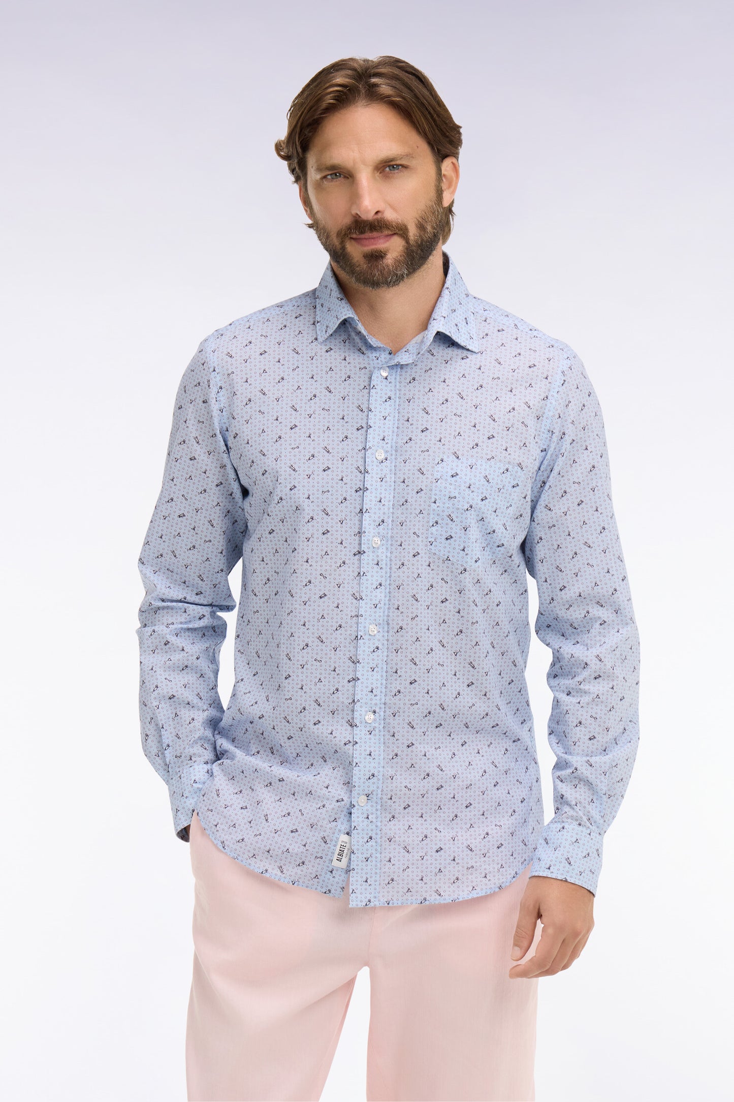 Slim-fit sky blue micro-patterned cotton poplin shirt