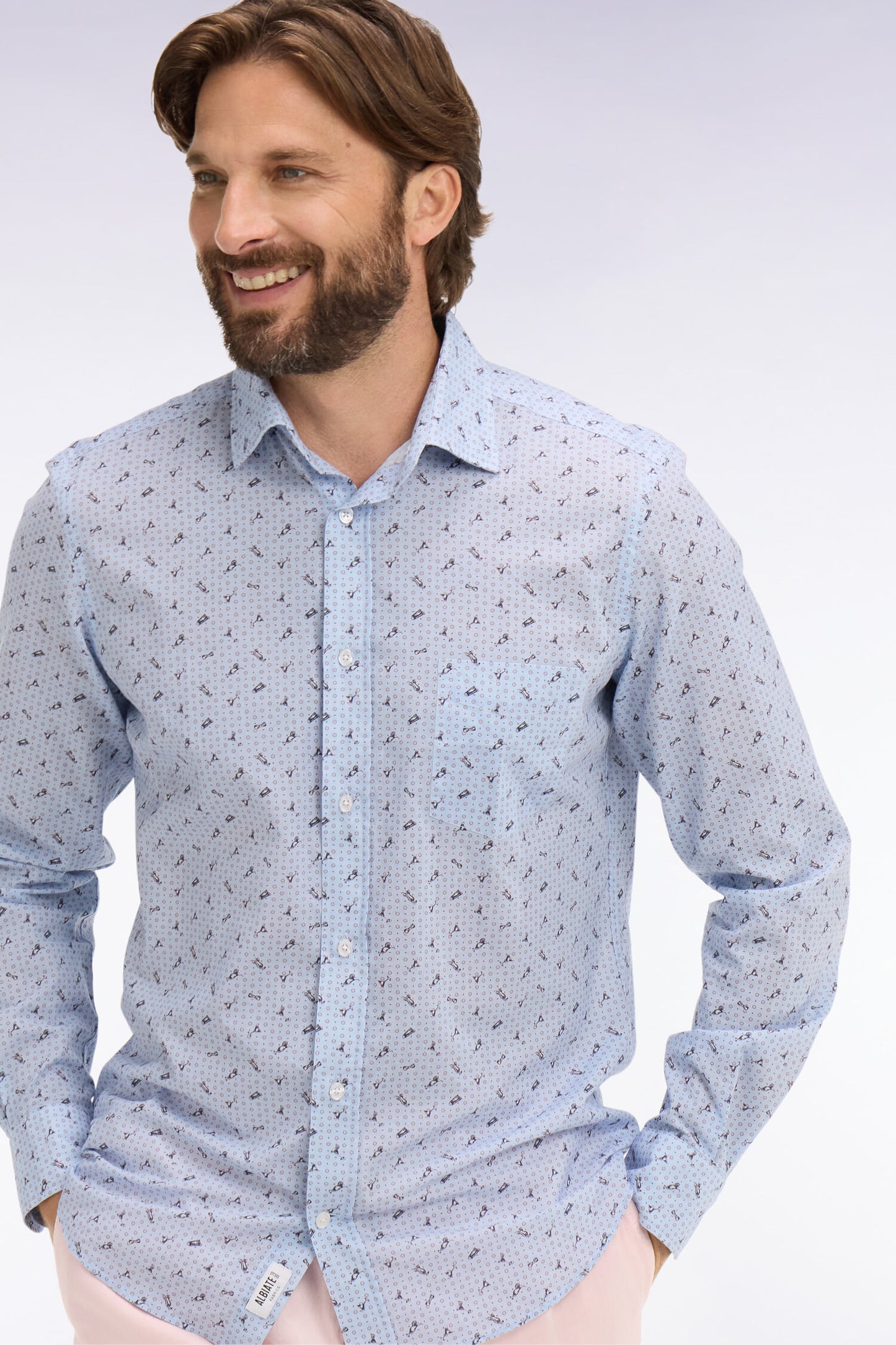Slim-fit sky blue micro-patterned cotton poplin shirt