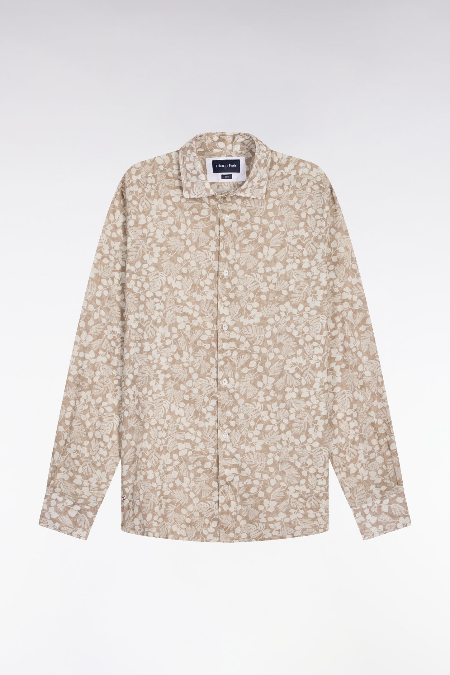 Beige cotton poplin shirt with plant micro-patterns, slim fit