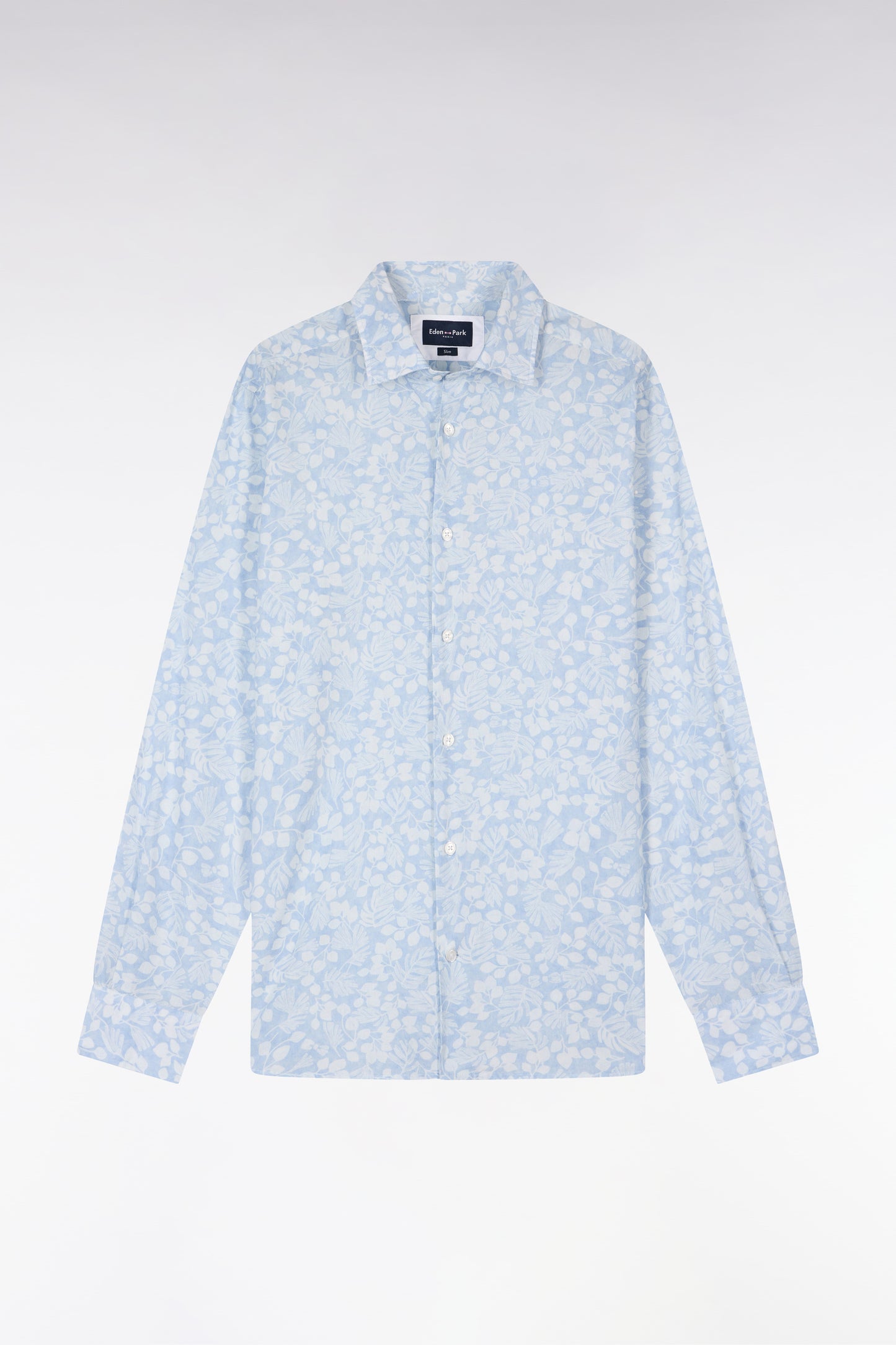 Slim-fit sky blue cotton poplin shirt with plant micro-patterns