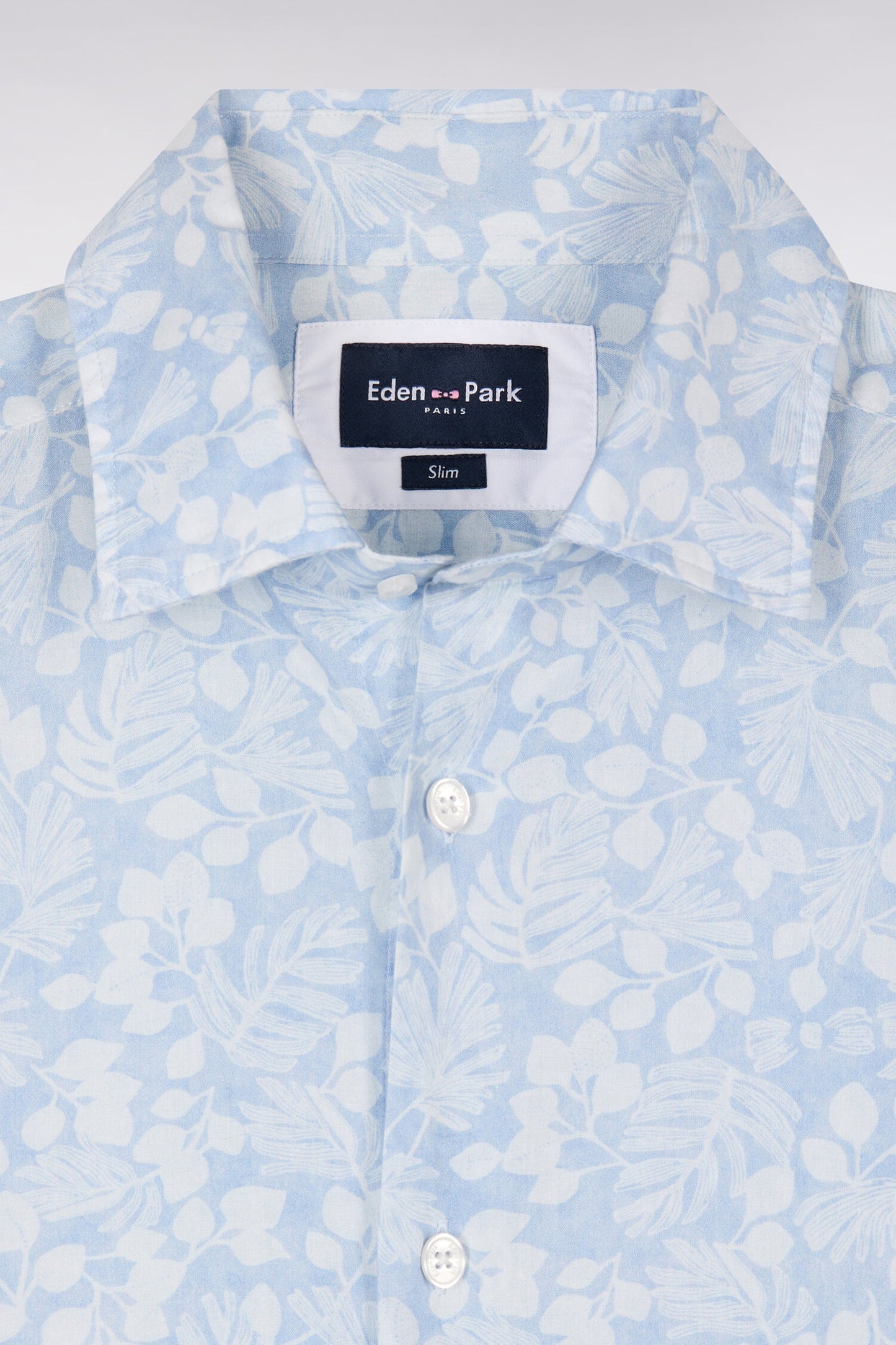 Slim-fit sky blue cotton poplin shirt with plant micro-patterns