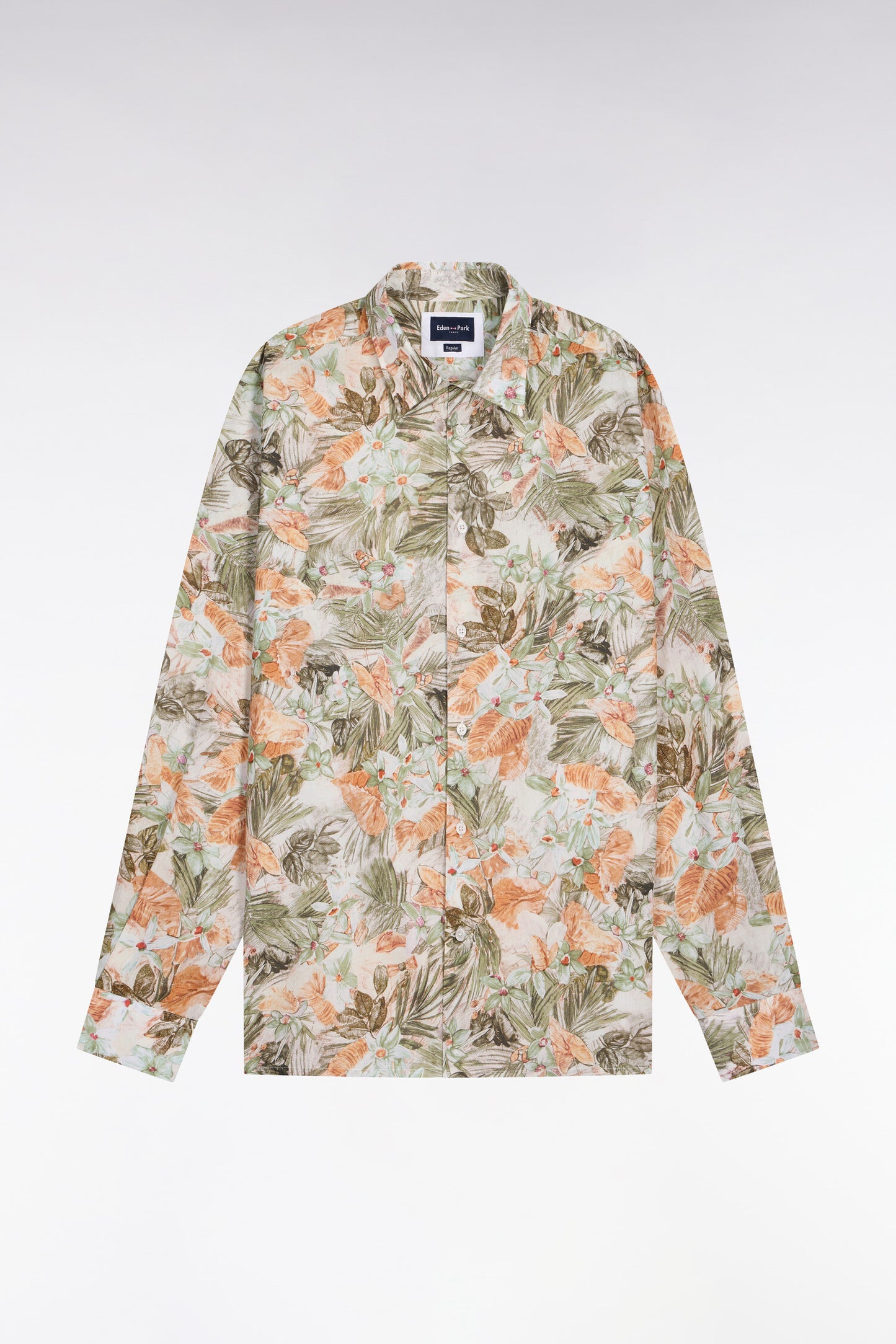 Chemise en popeline de coton beige imprimé végétal coupe regular