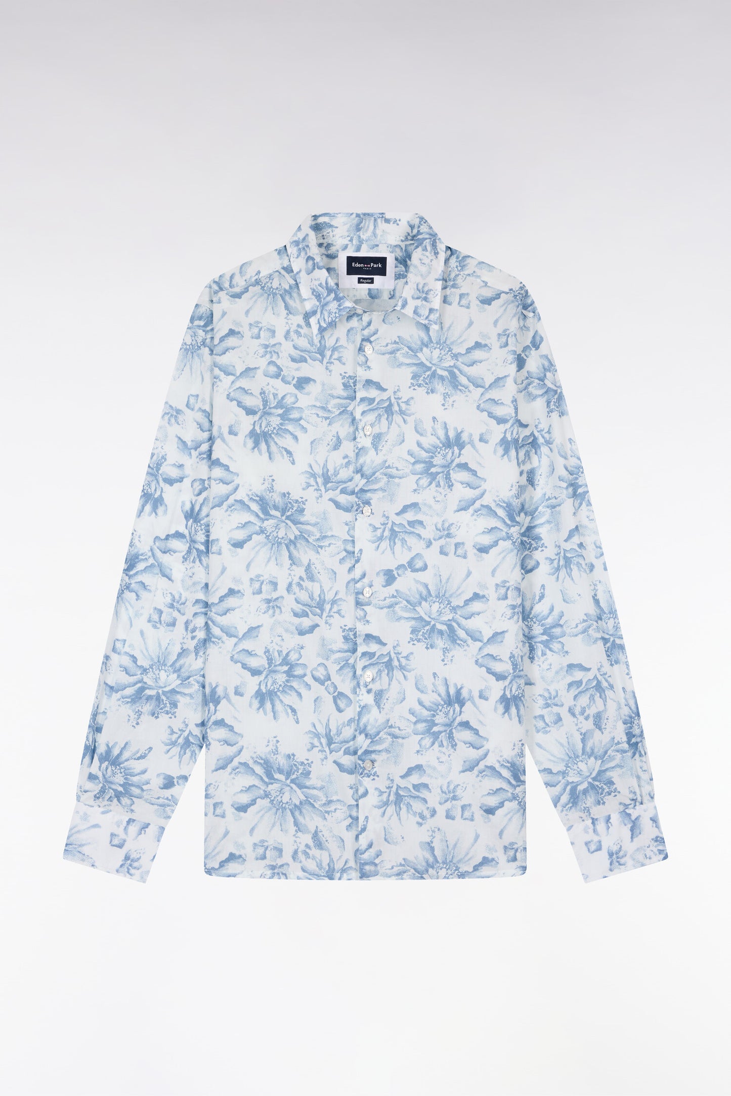 Chemise en popeline de coton italienne bleu ciel imprimé floral coupe regular