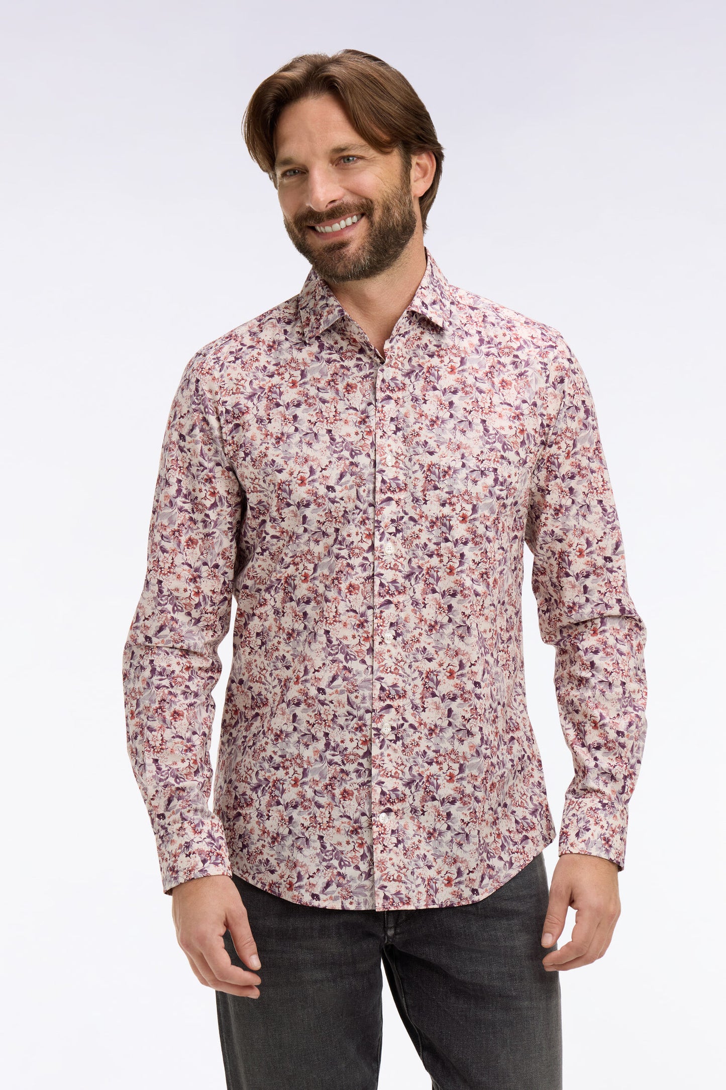 Slim fit white cotton poplin shirt with floral microprint