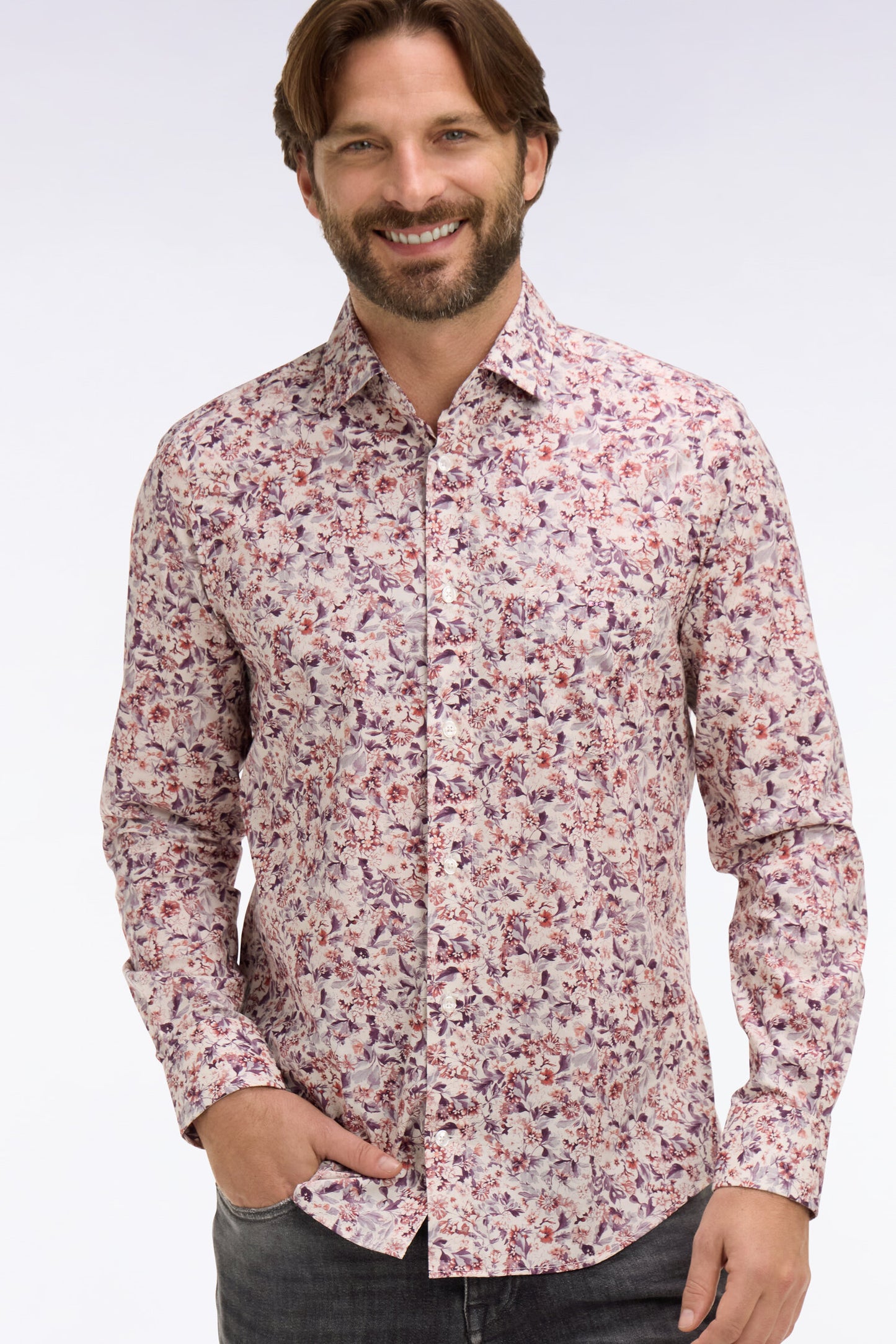 Slim fit white cotton poplin shirt with floral microprint