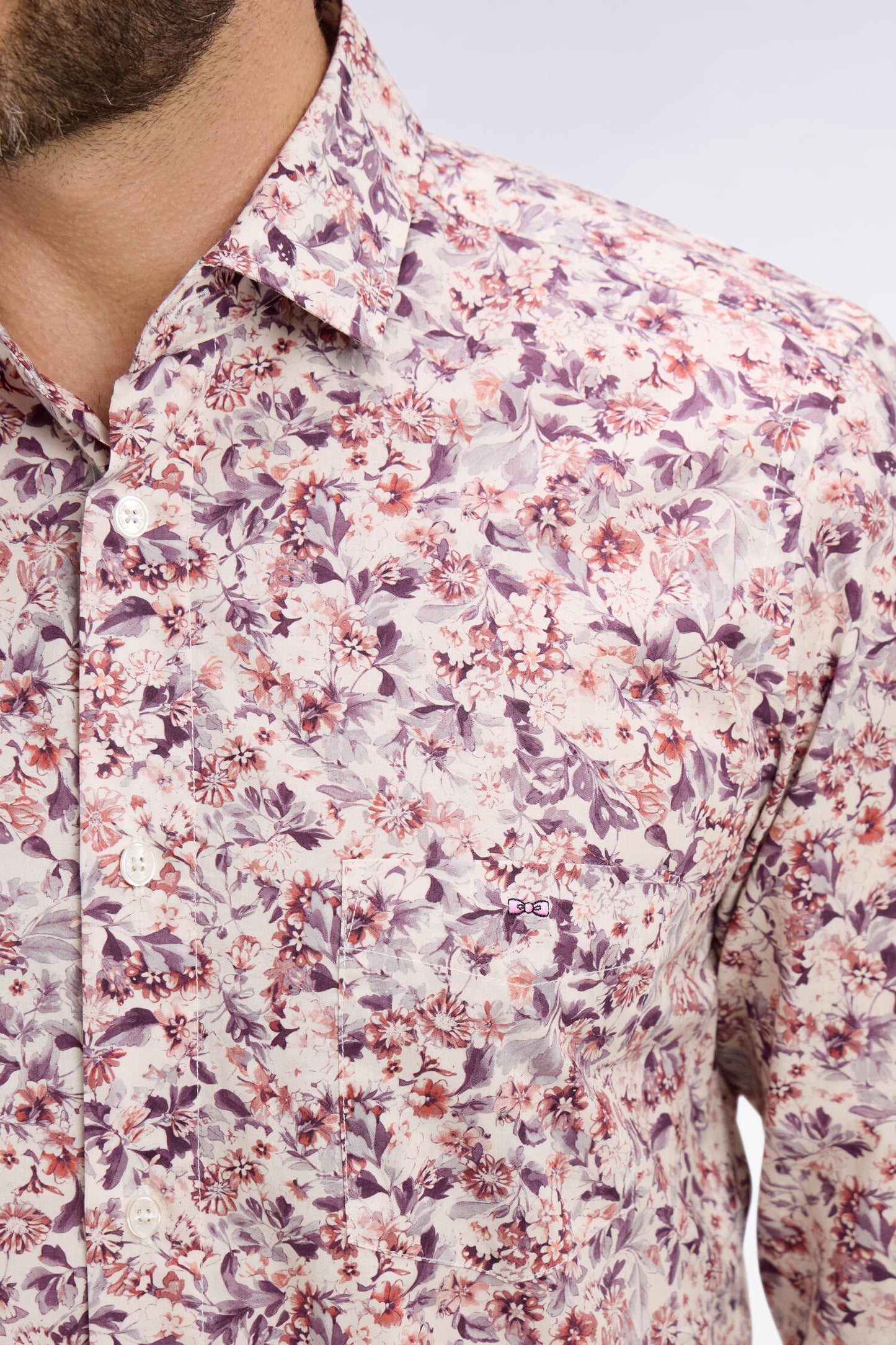 Slim fit white cotton poplin shirt with floral microprint