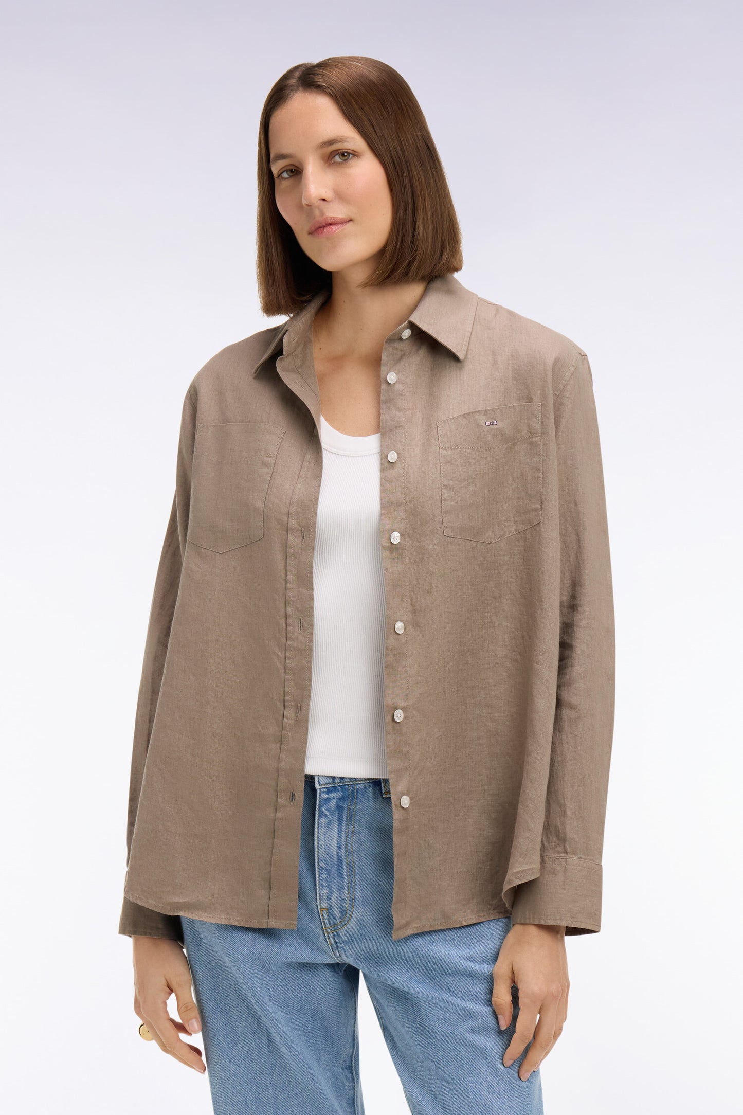 Beige linen shirt with patch pockets