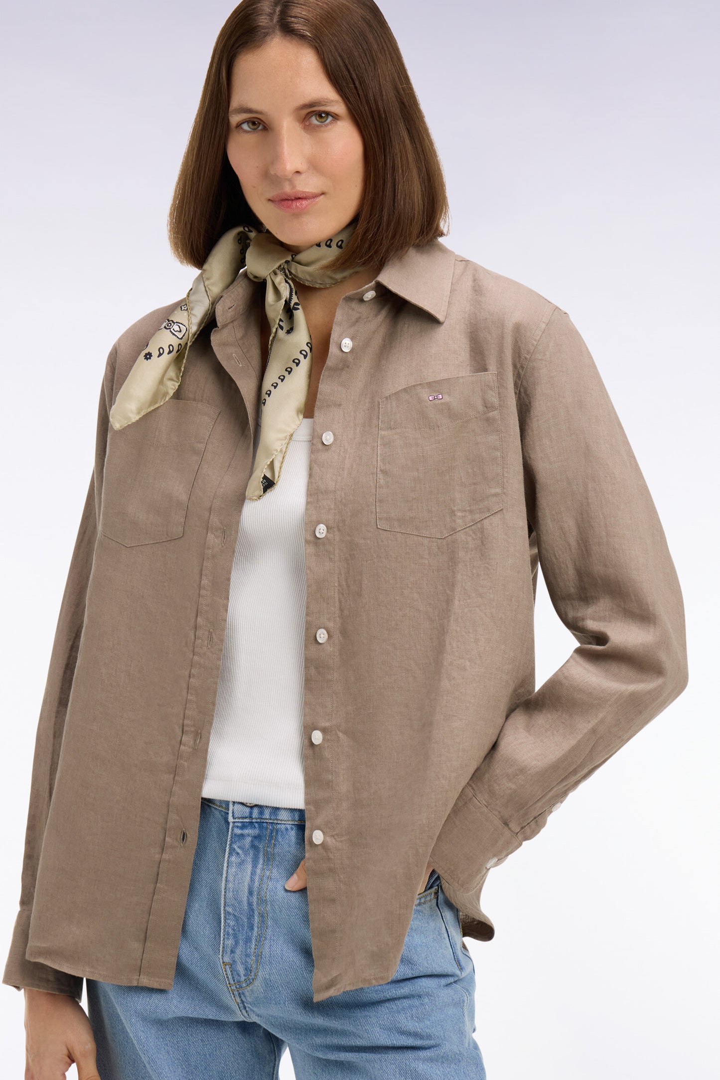 Beige linen shirt with patch pockets