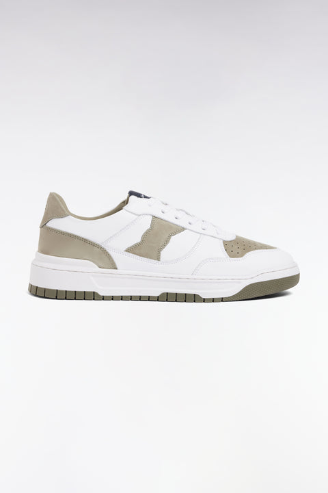 Sneakers bicolores en cuir lisse blanc et cuir suédé kaki - Image 1
