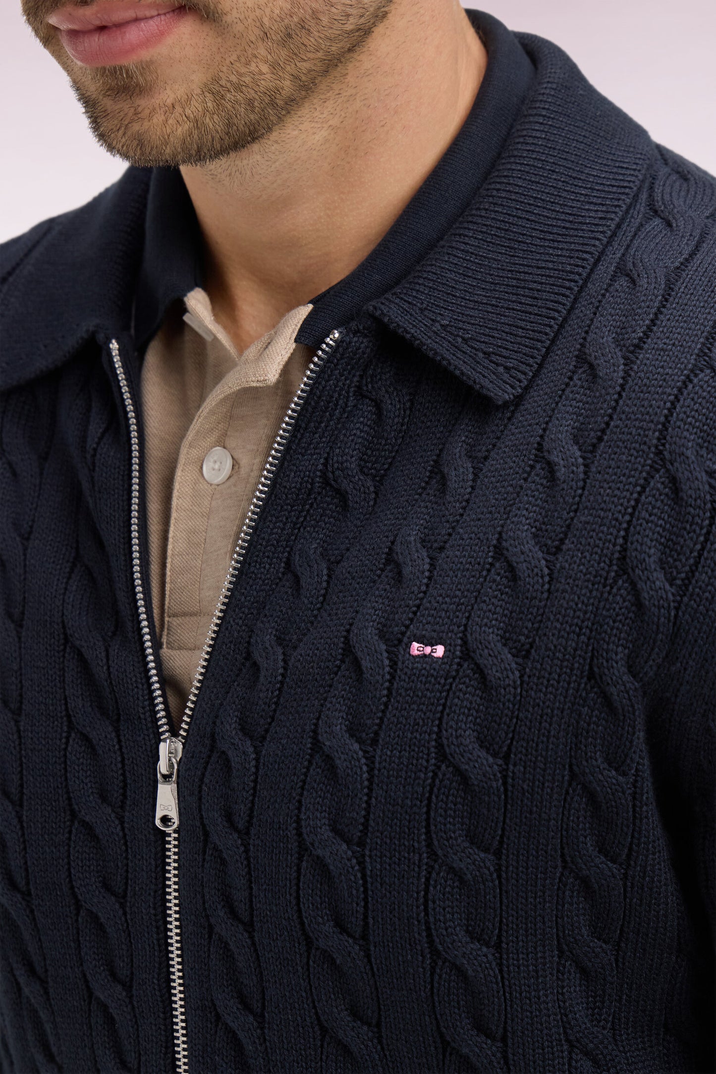 Cardigan zippé à torsade en coton marine