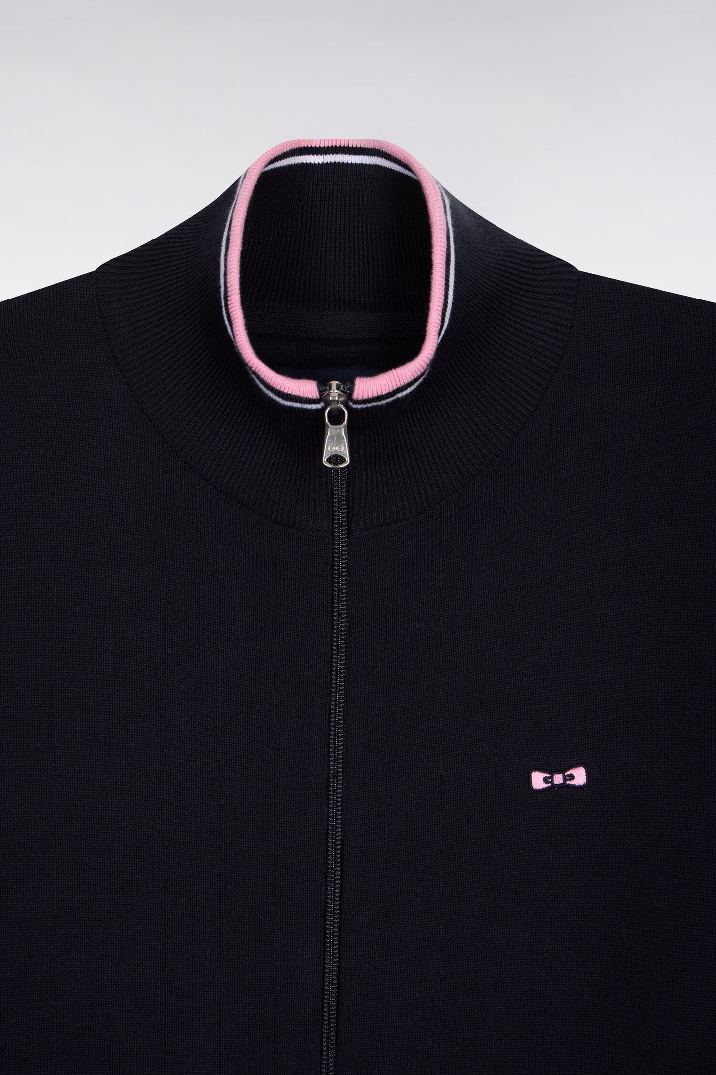 Cardigan zippé en coton marine à bords-côtes rayés