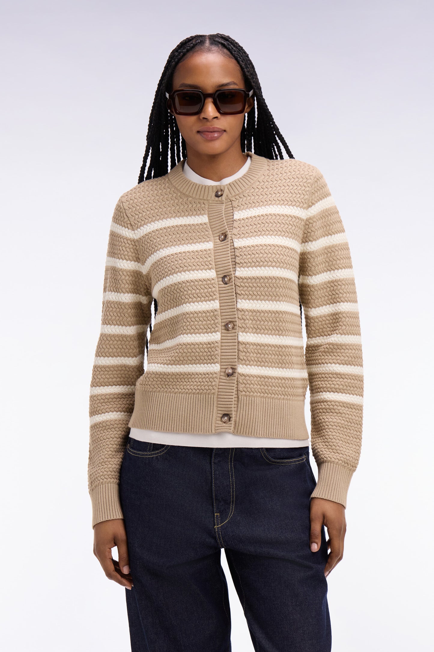 Cardigan marinière en maille tressée beige
