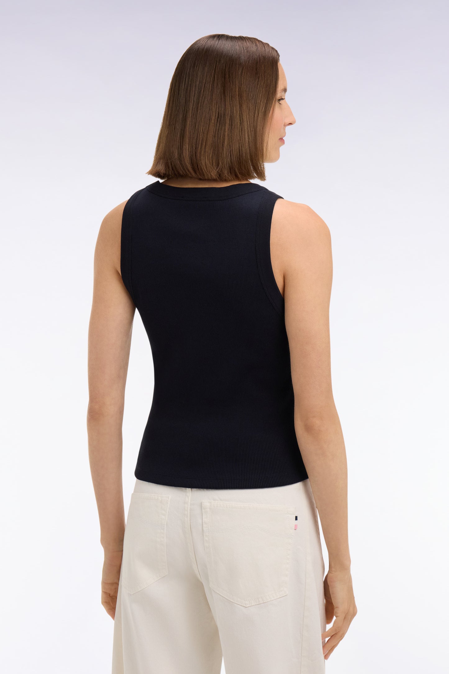 Ribbed tank top in navy stretch cotton and modal
