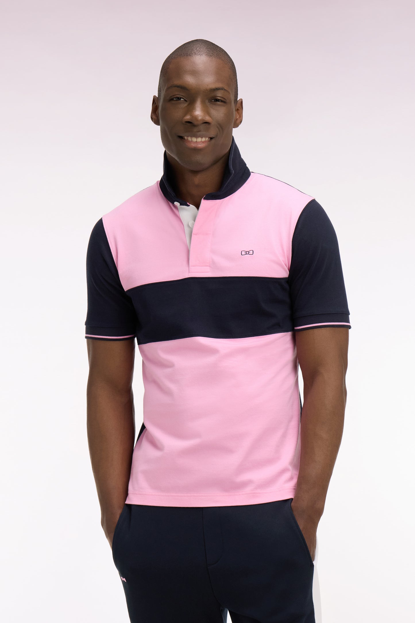 Short-sleeved regular-fit pink and navy cotton jersey