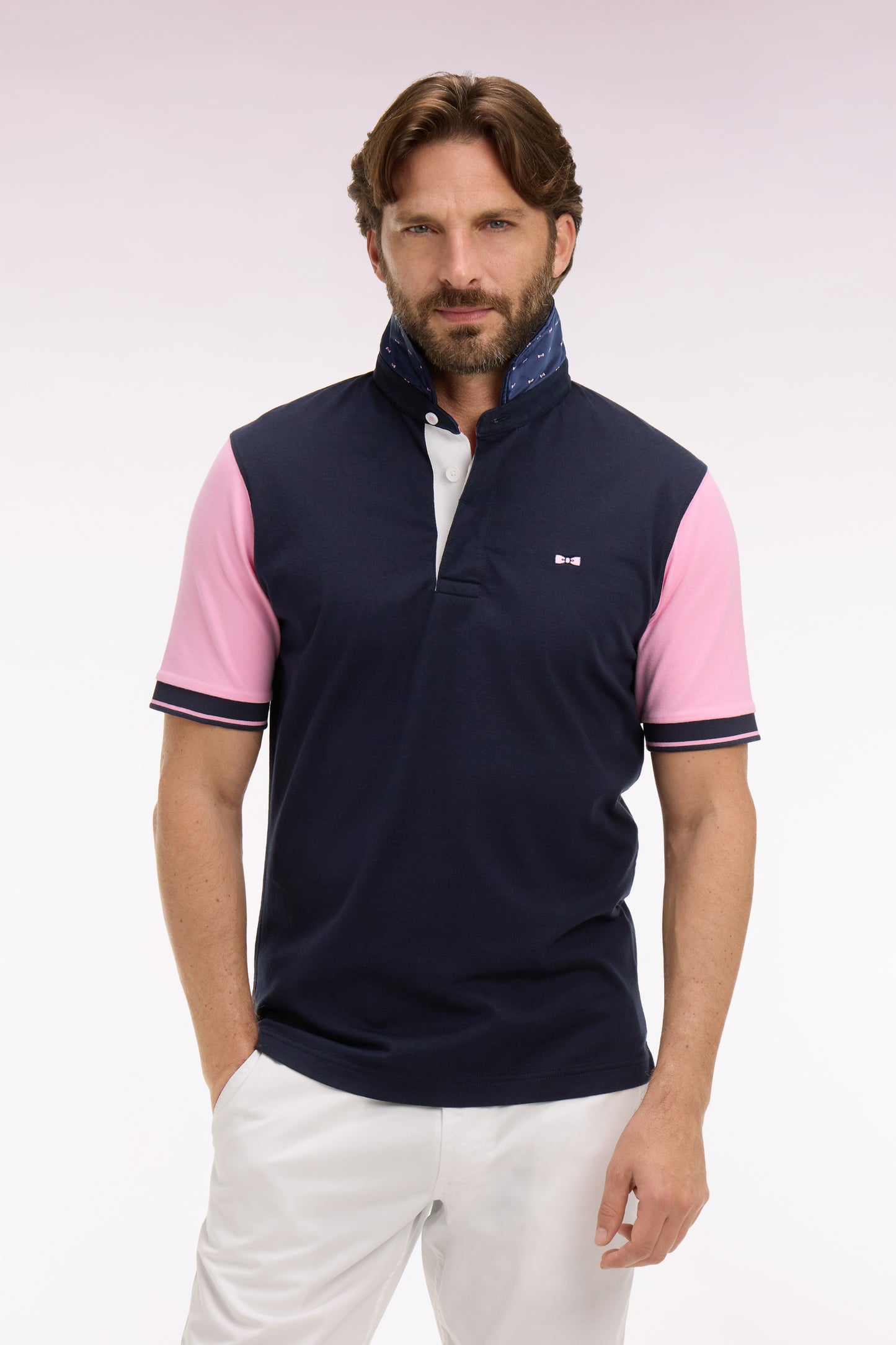 Maillot à manches courtes en coton rose et marine coupe regular broderie dos