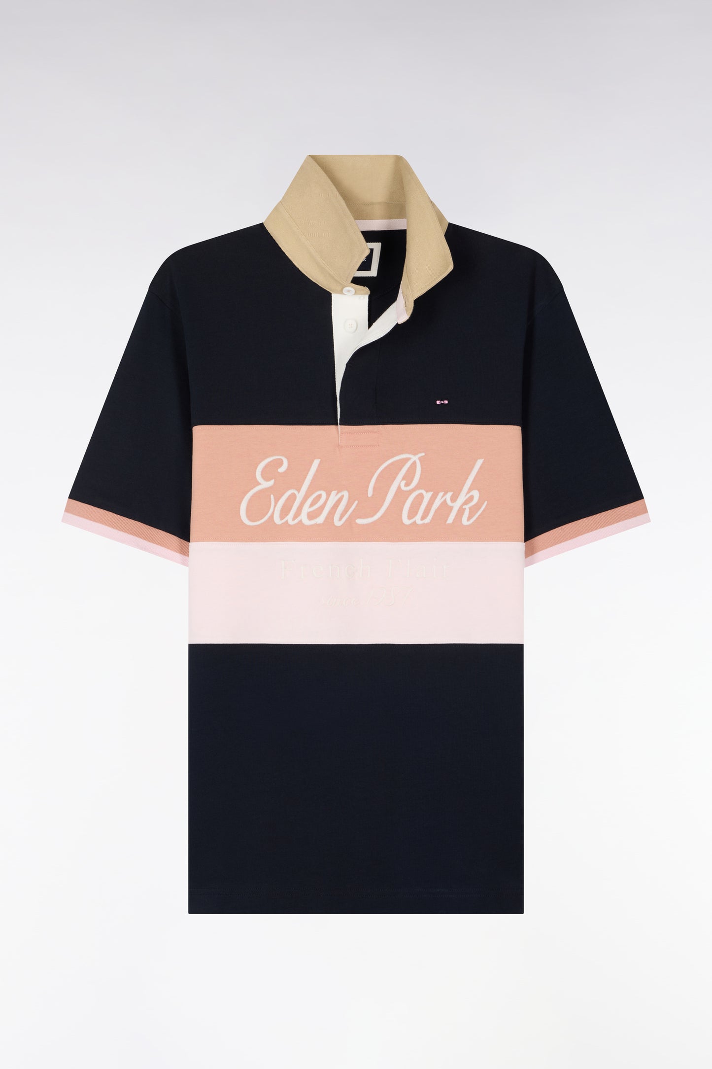 Maillot à manches courtes marine à découpes pastel et broderie coupe regular