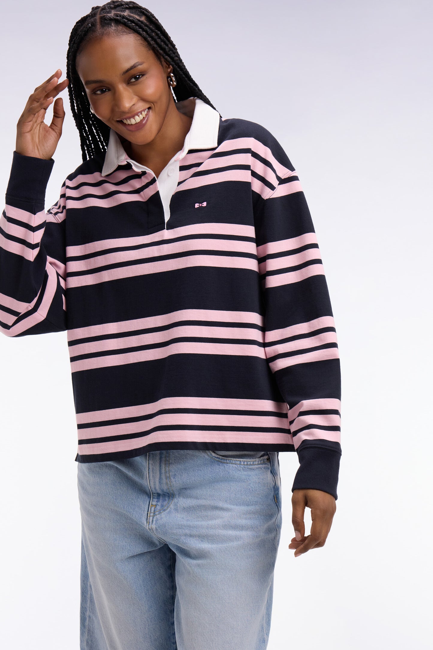 Maillot à manches longues rayé marine et rose coupe oversized