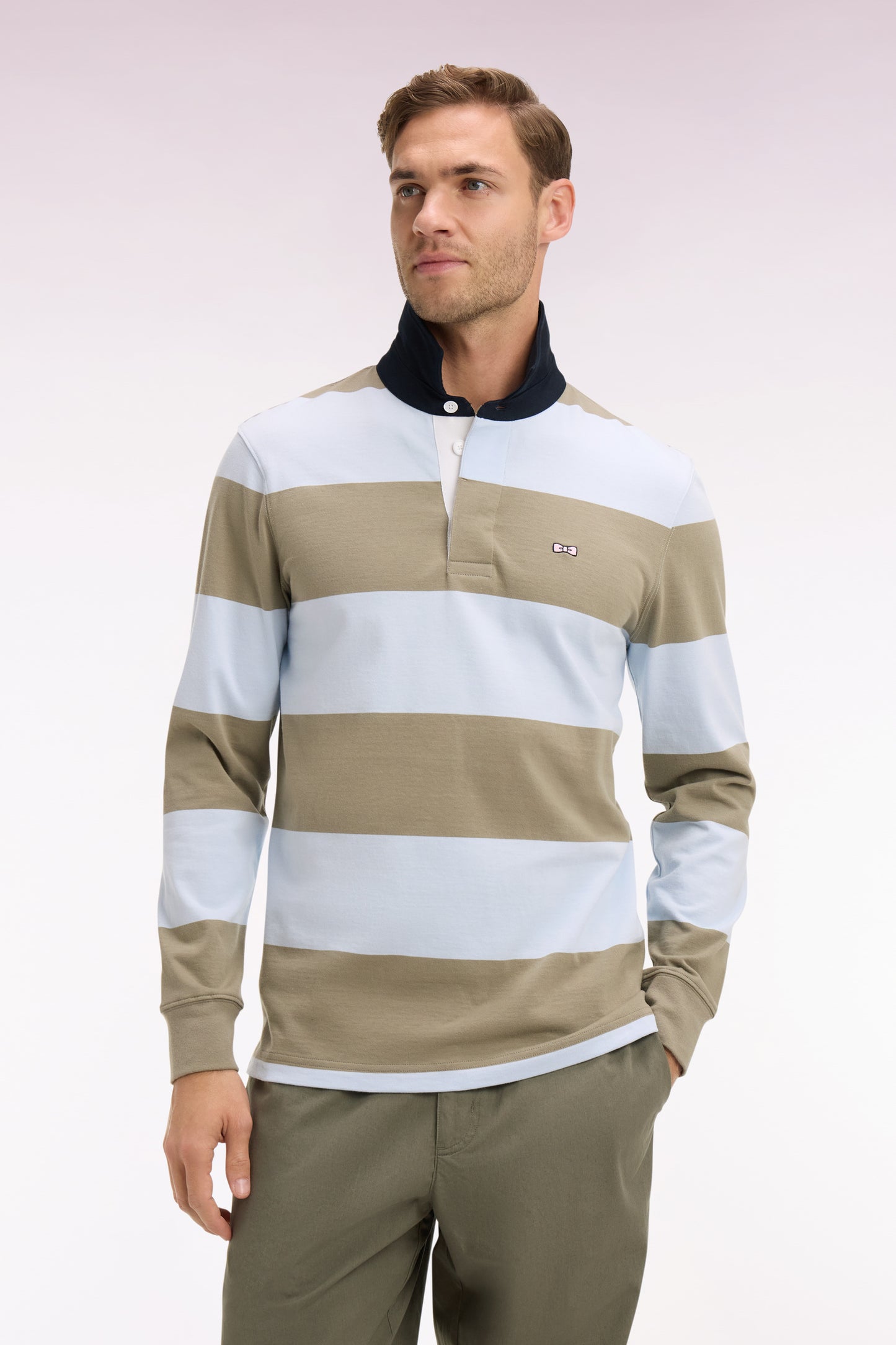 Maillot à manches longues en coton à rayures rugby ciel et kaki