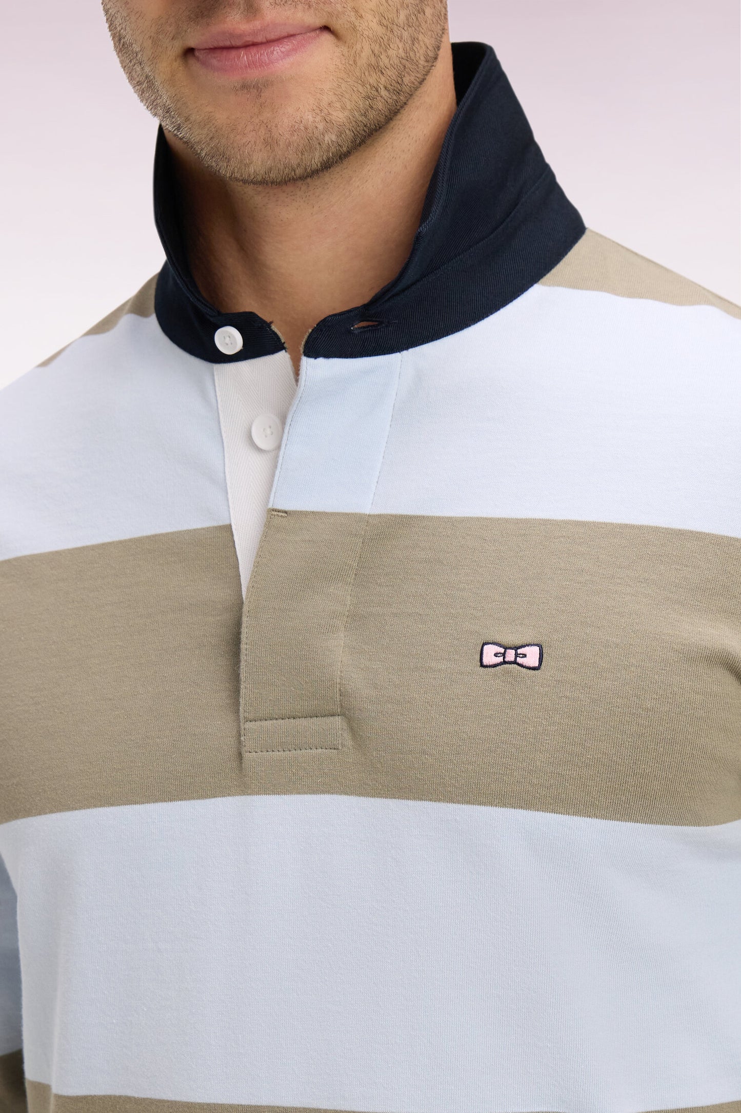 Maillot à manches longues en coton à rayures rugby ciel et kaki