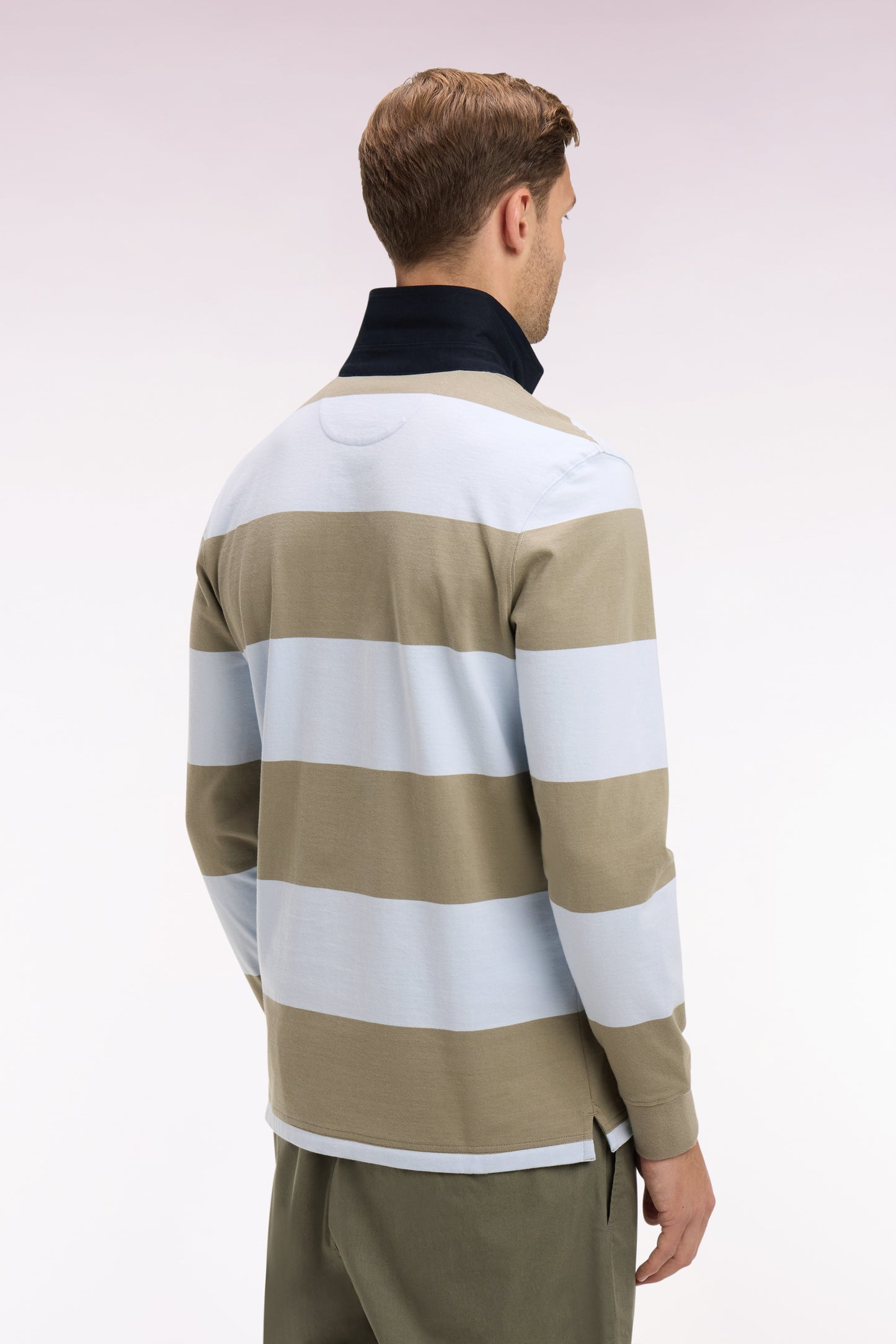 Maillot à manches longues en coton à rayures rugby ciel et kaki