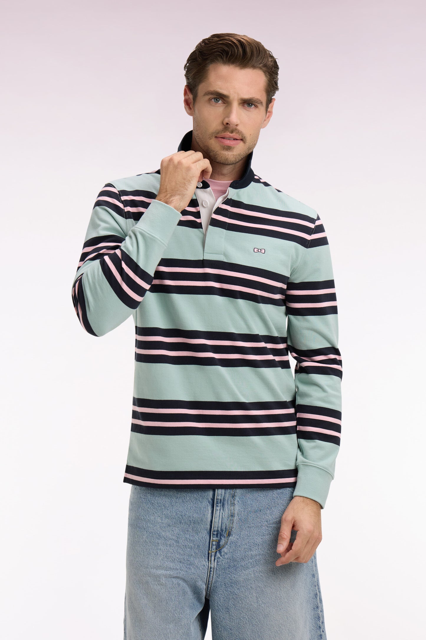 Long-sleeved jersey in aqua green striped cotton