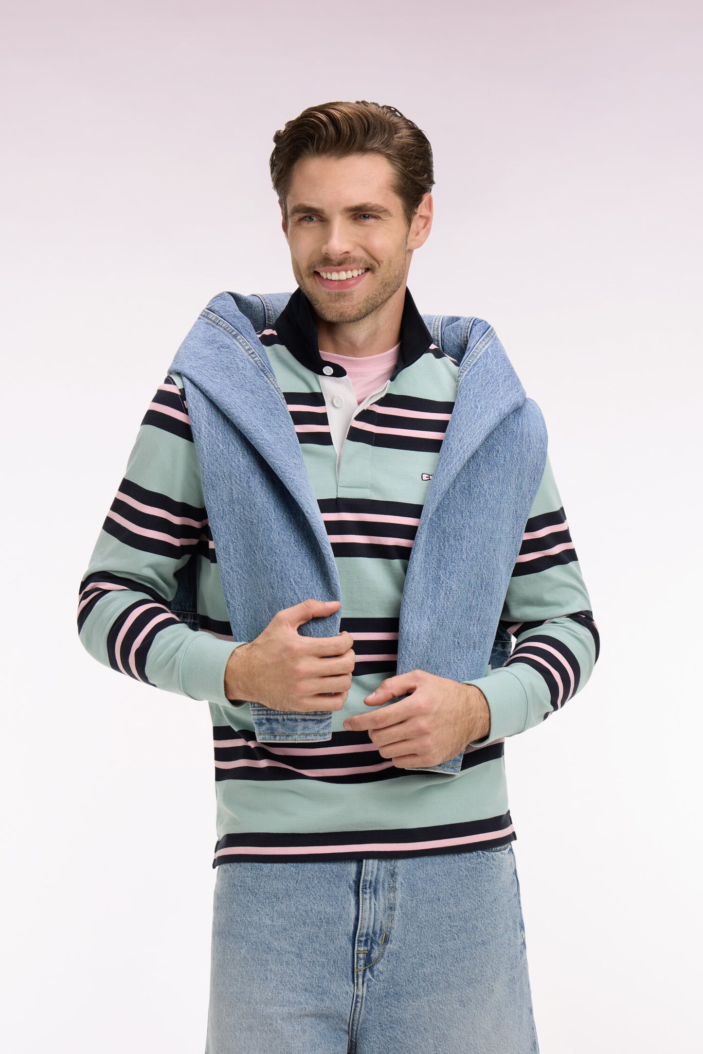 Long-sleeved jersey in aqua green striped cotton