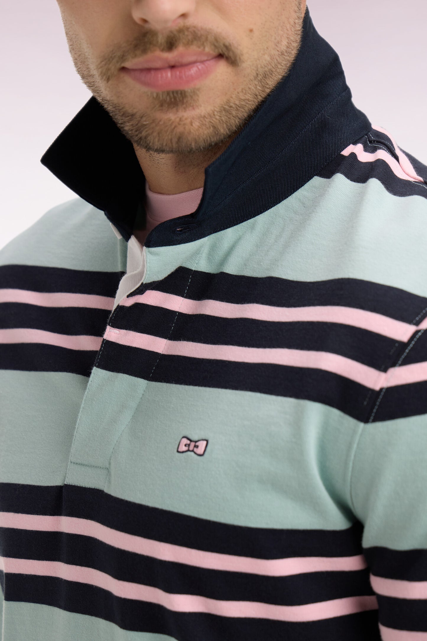 Long-sleeved jersey in aqua green striped cotton