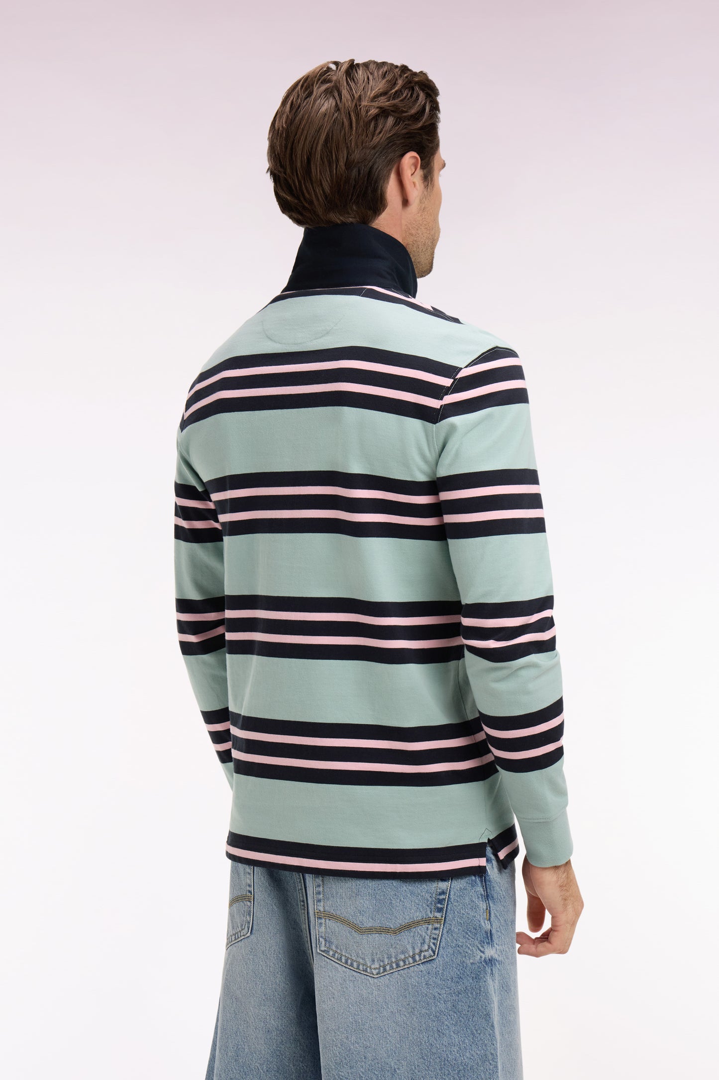 Long-sleeved jersey in aqua green striped cotton