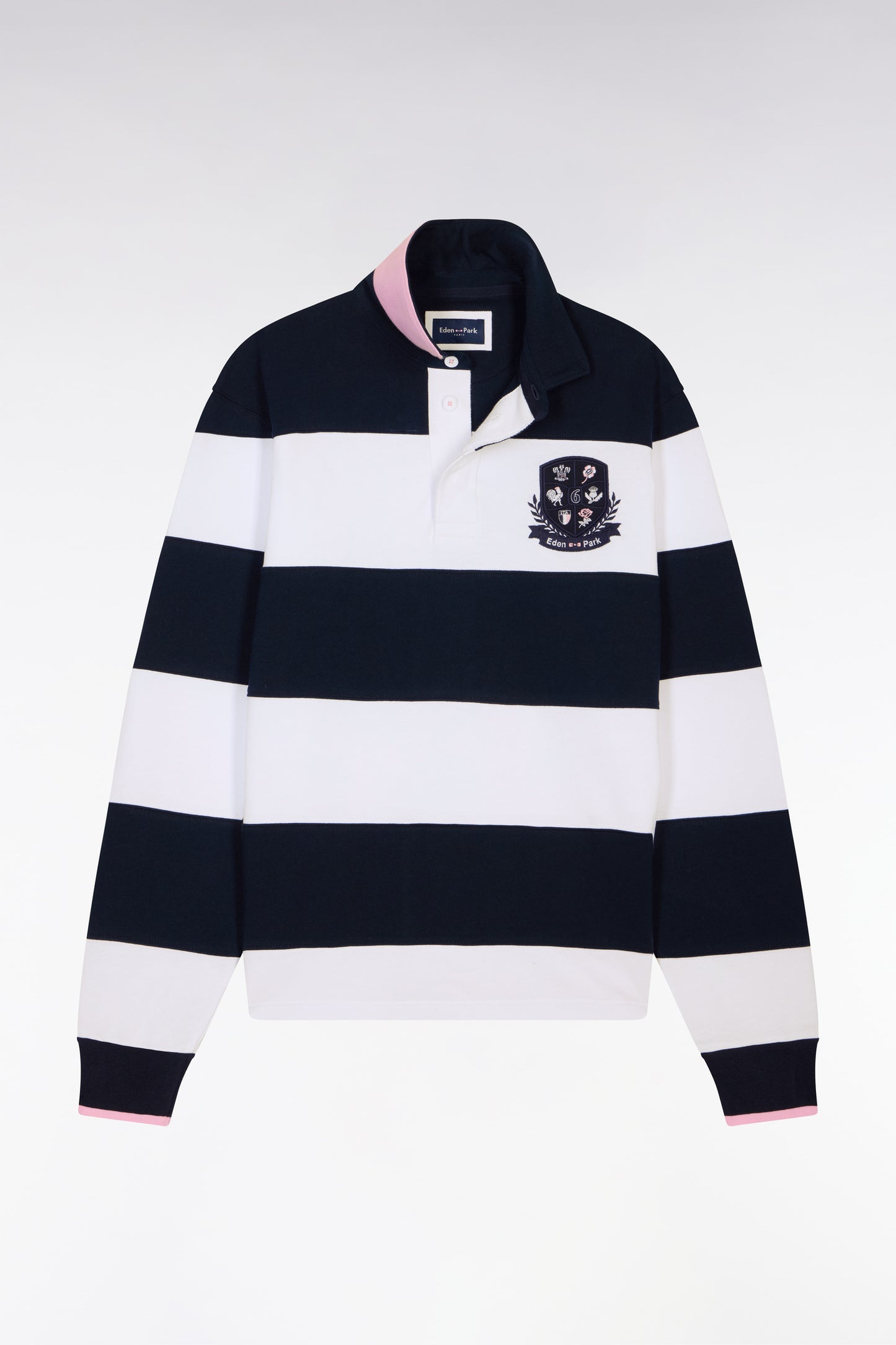 Maillot 6 Nations à manches longues en coton rayé blanc et marine