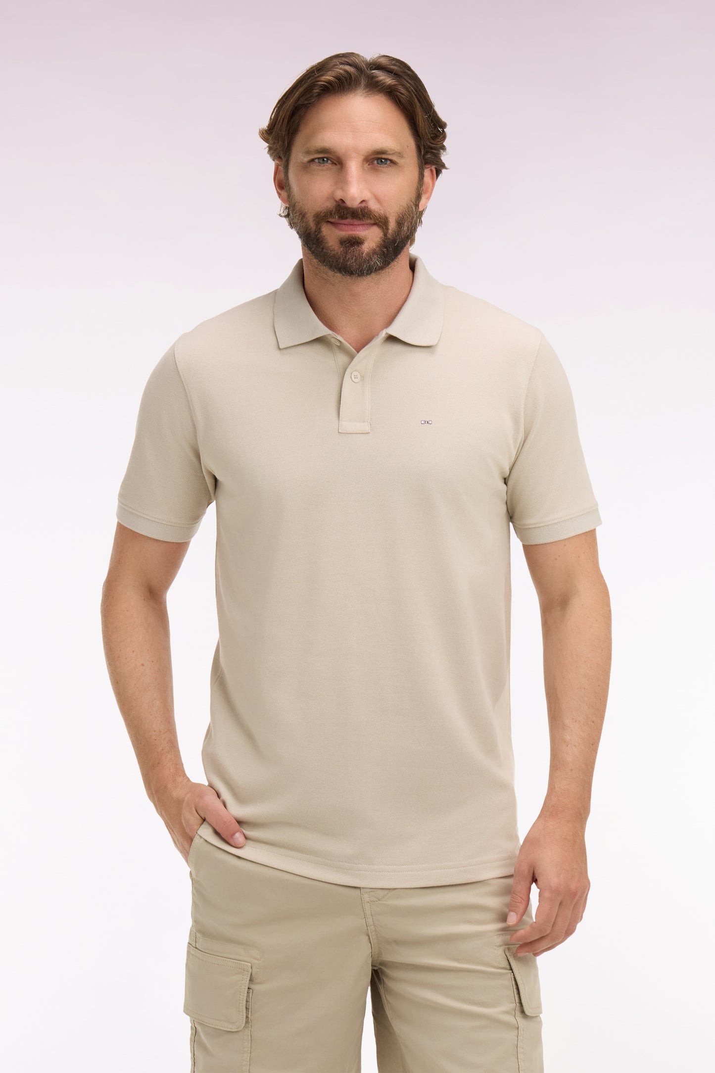 Short-sleeved regular-fit beige cotton polo shirt