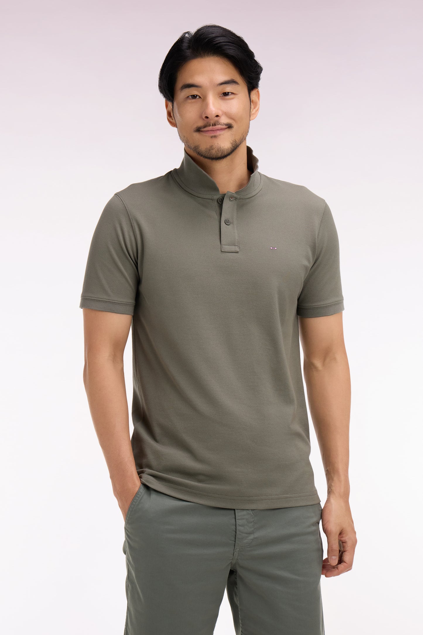 Regular fit medium khaki cotton short-sleeved polo shirt